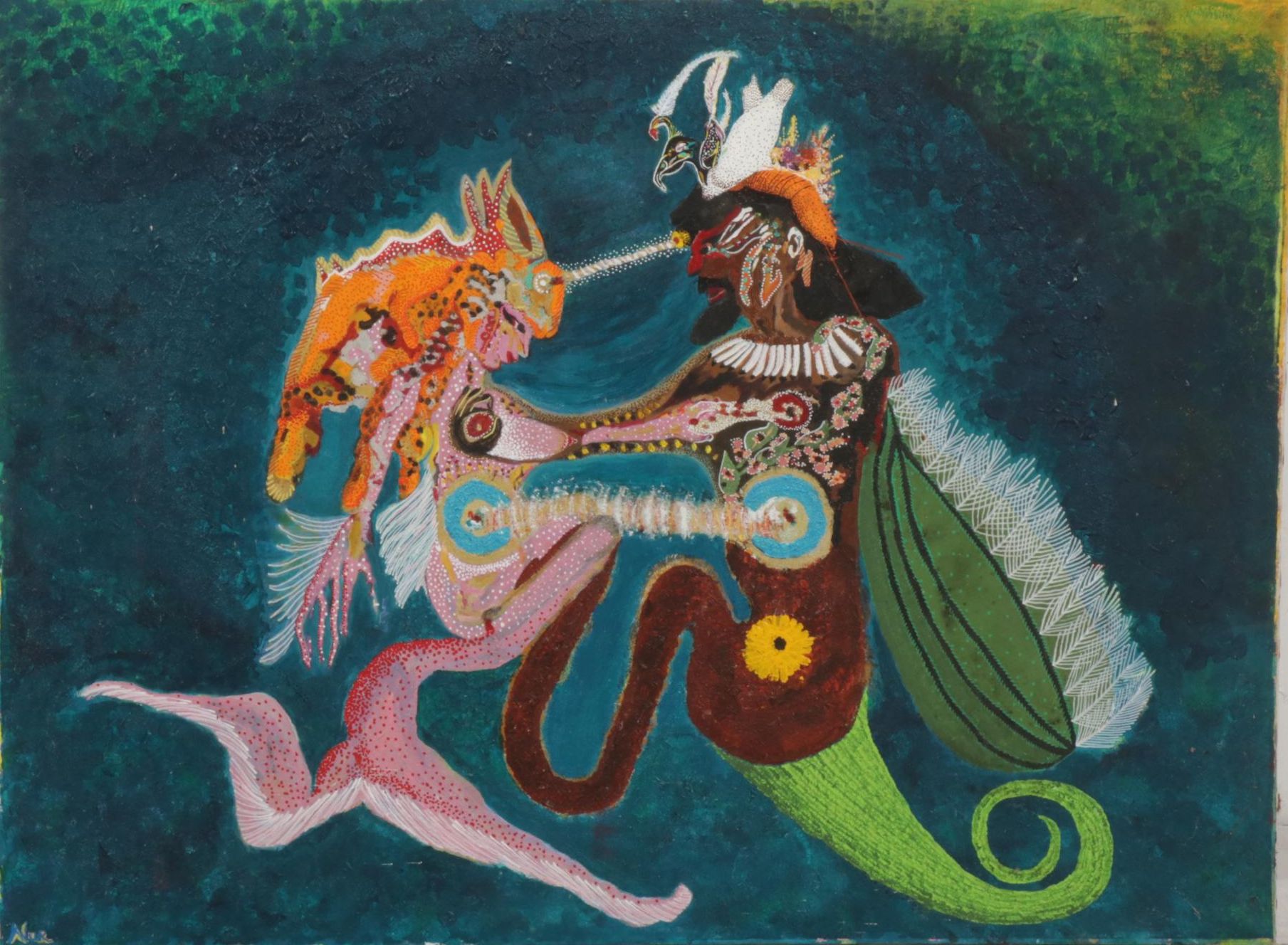 Surreal Acrylic Painting of Couple Embracing as Mythic Creatures