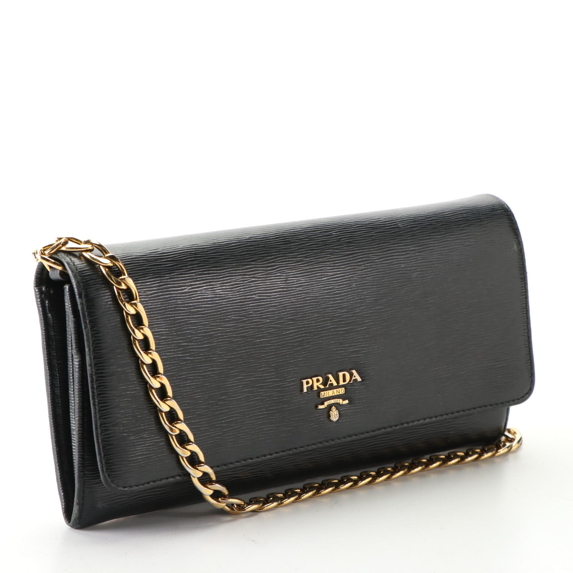 Prada Textured Leather Chain Strap Crossbody Wallet