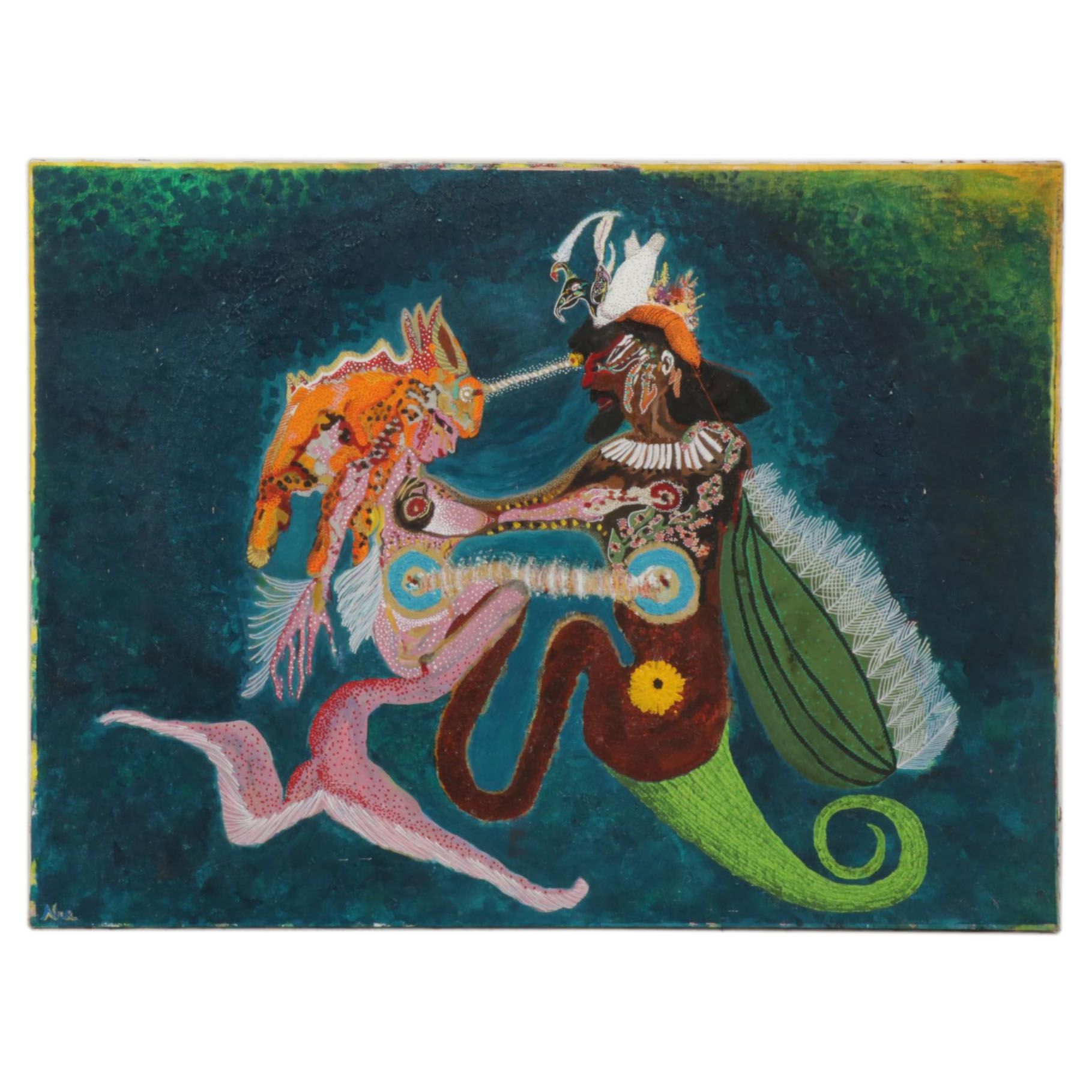 Surreal Acrylic Painting of Couple Embracing as Mythic Creatures