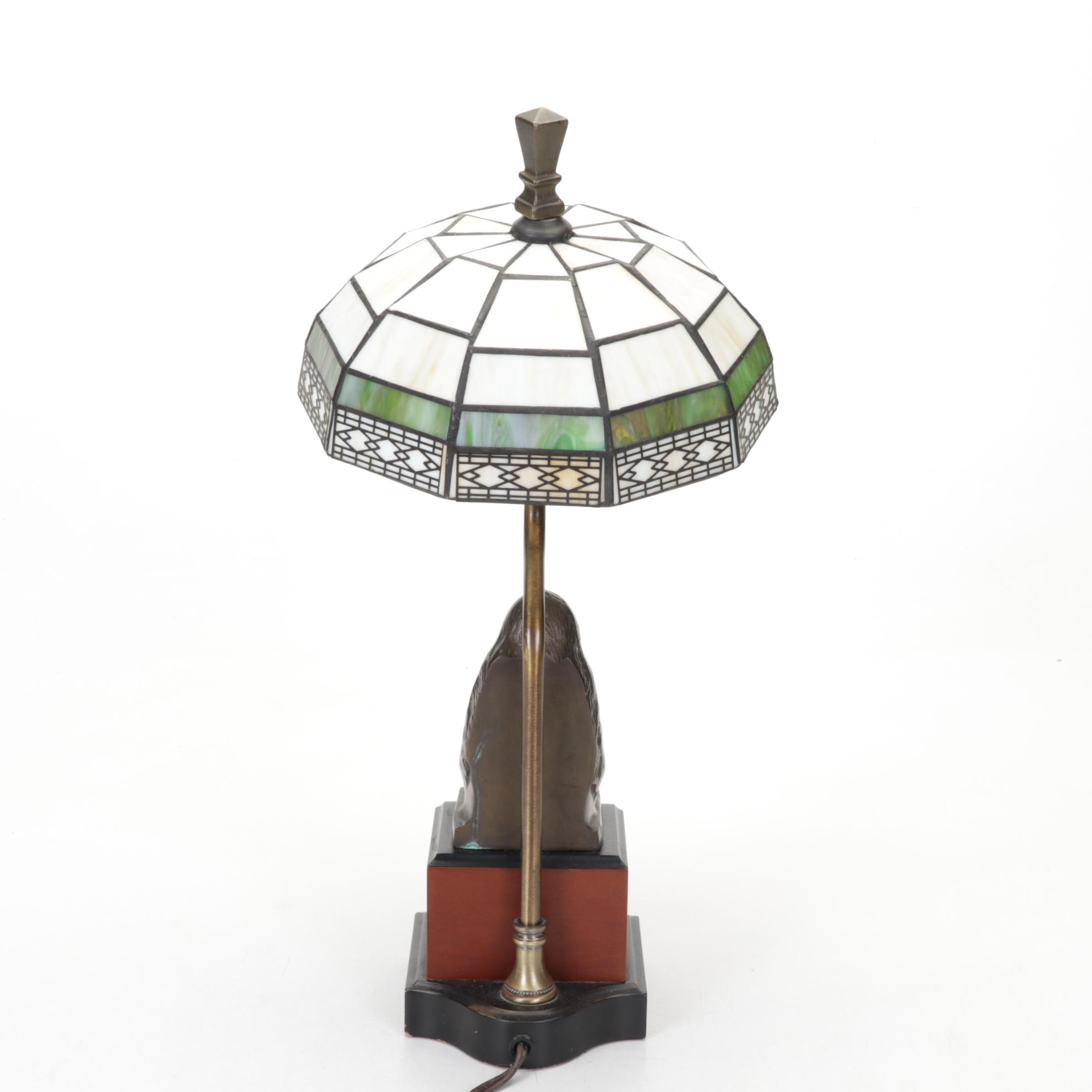 Spaniel Dog Bookend Table Lamp With Slag Glass Shade