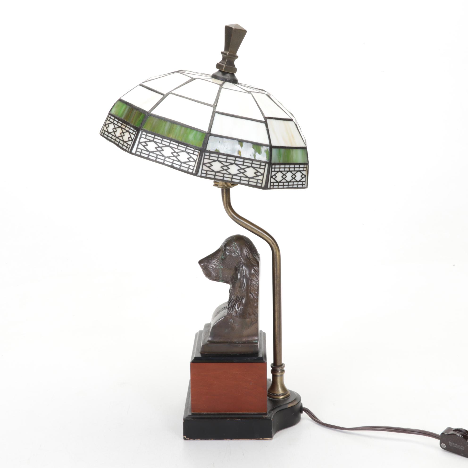 Spaniel Dog Bookend Table Lamp With Slag Glass Shade