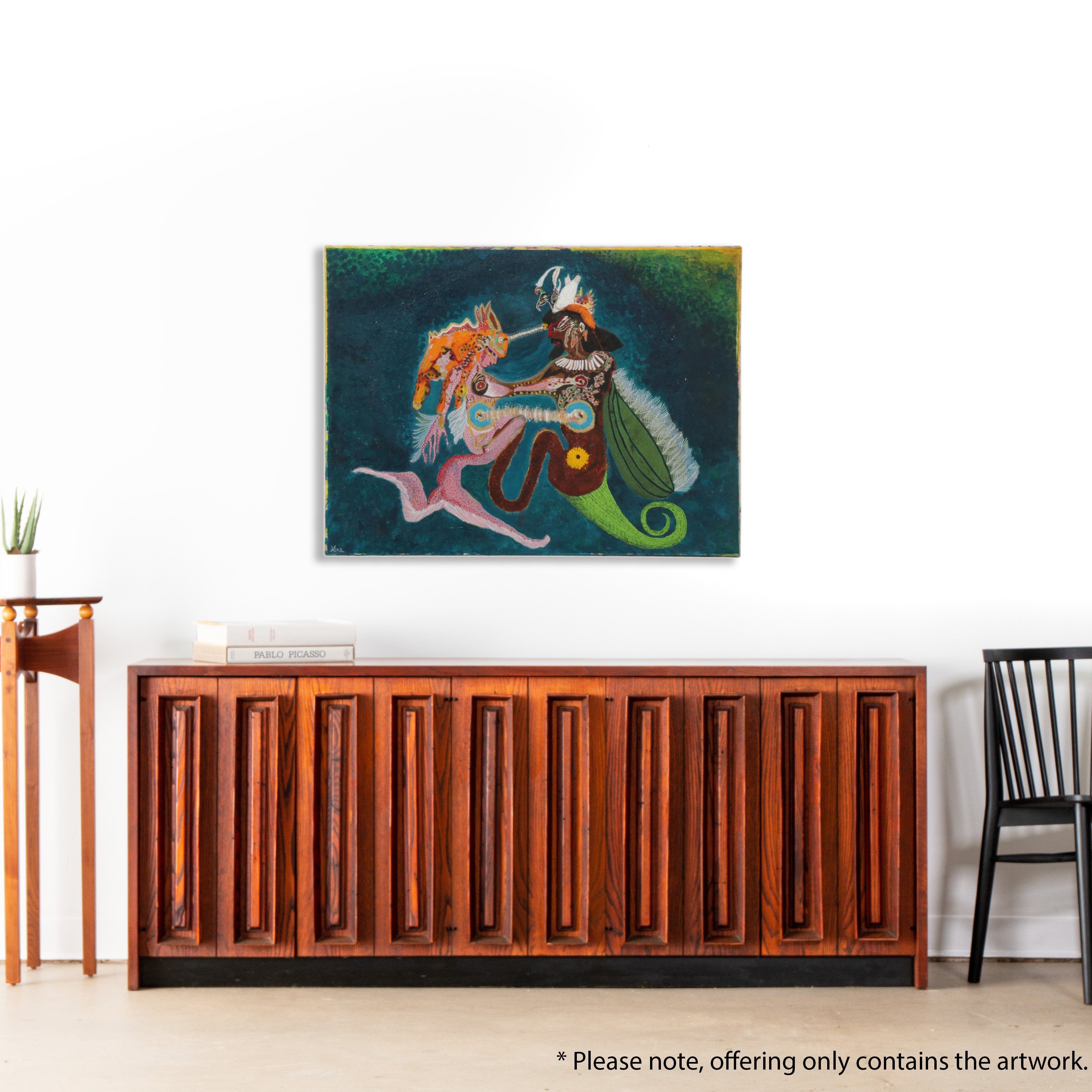 Surreal Acrylic Painting of Couple Embracing as Mythic Creatures