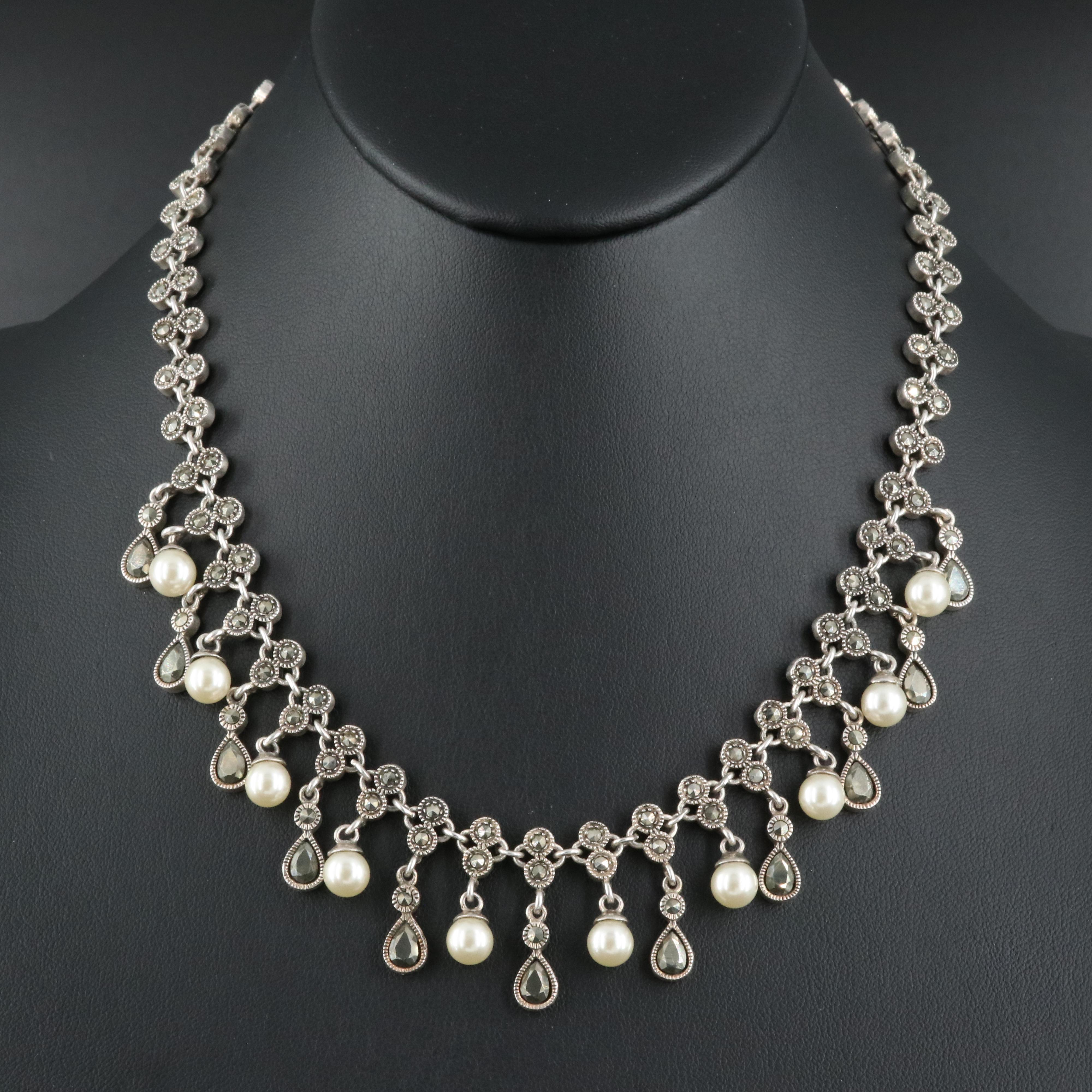 Sterling Faux Pearl and Marcasite Fringe Necklace