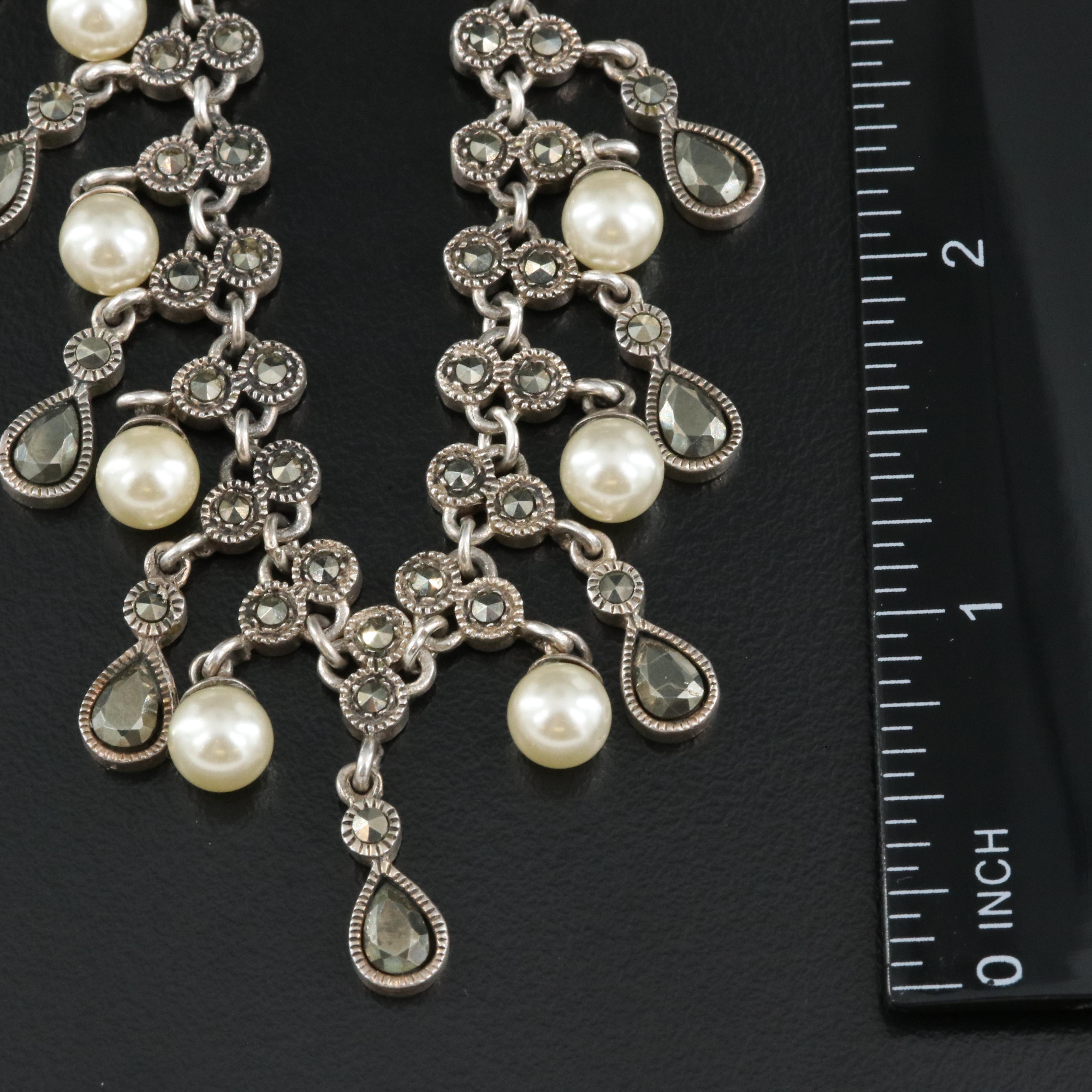 Sterling Faux Pearl and Marcasite Fringe Necklace