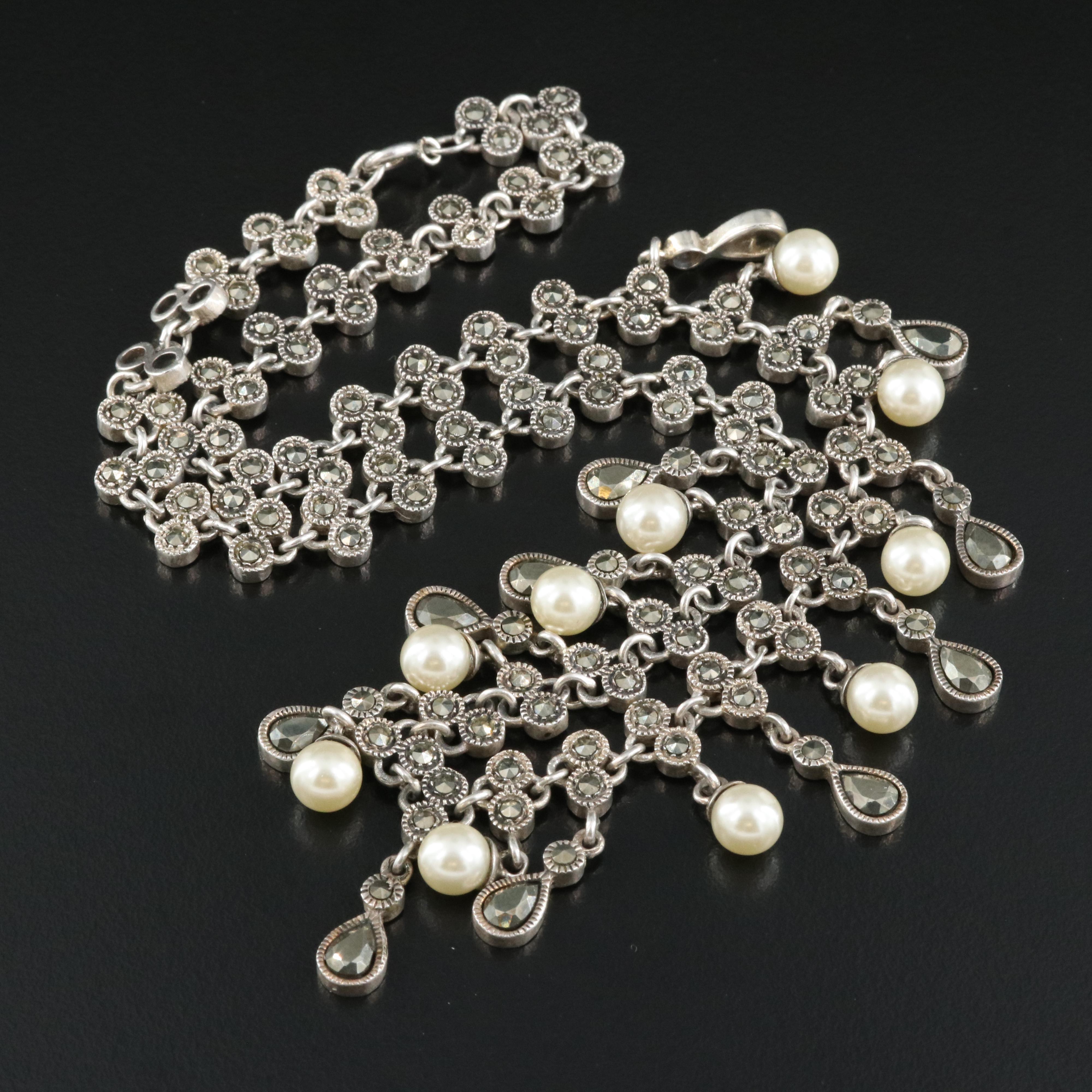 Sterling Faux Pearl and Marcasite Fringe Necklace