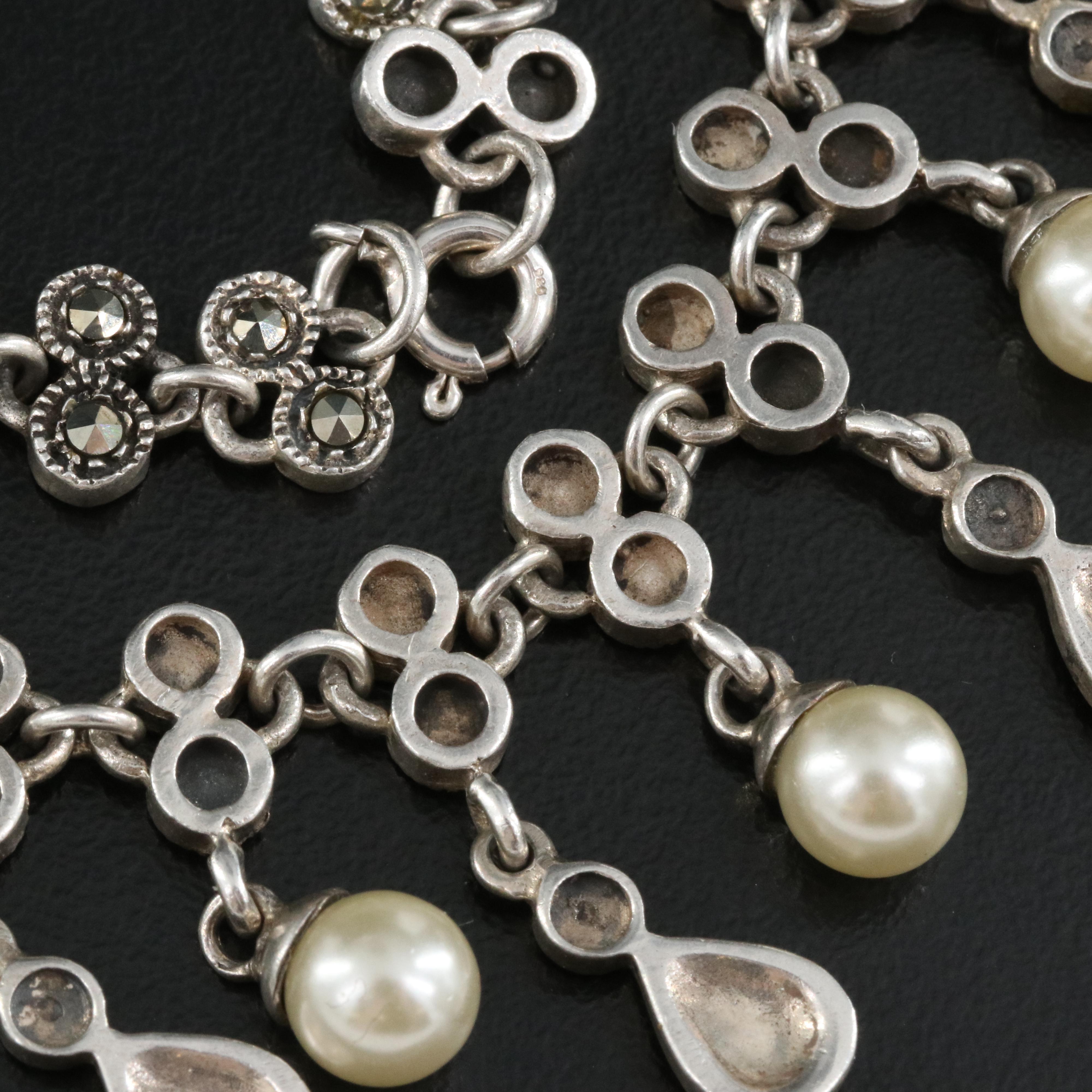 Sterling Faux Pearl and Marcasite Fringe Necklace