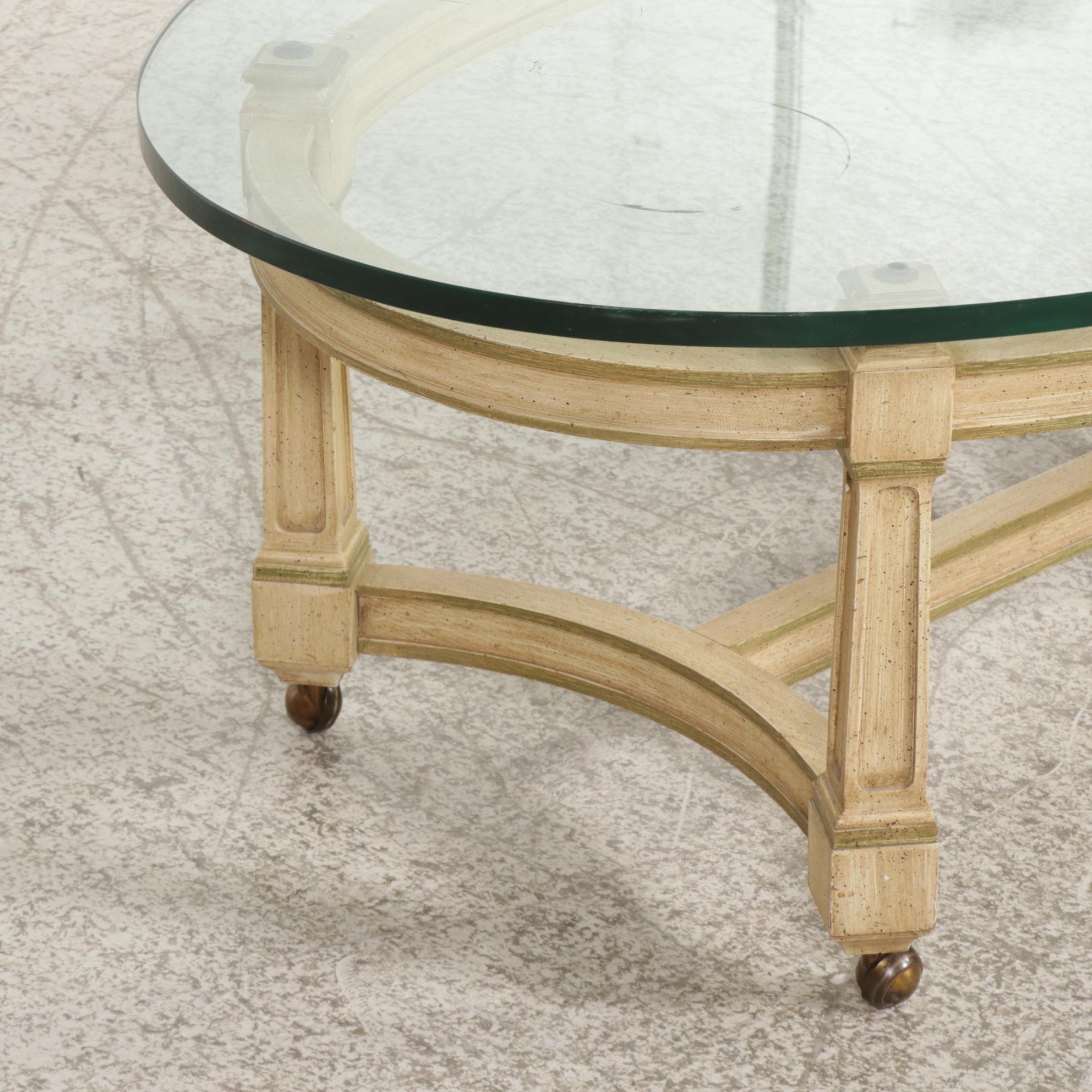 Painted Wood and Oval Glass Top Coffee Table on Casters, Mid to Late 20th C.