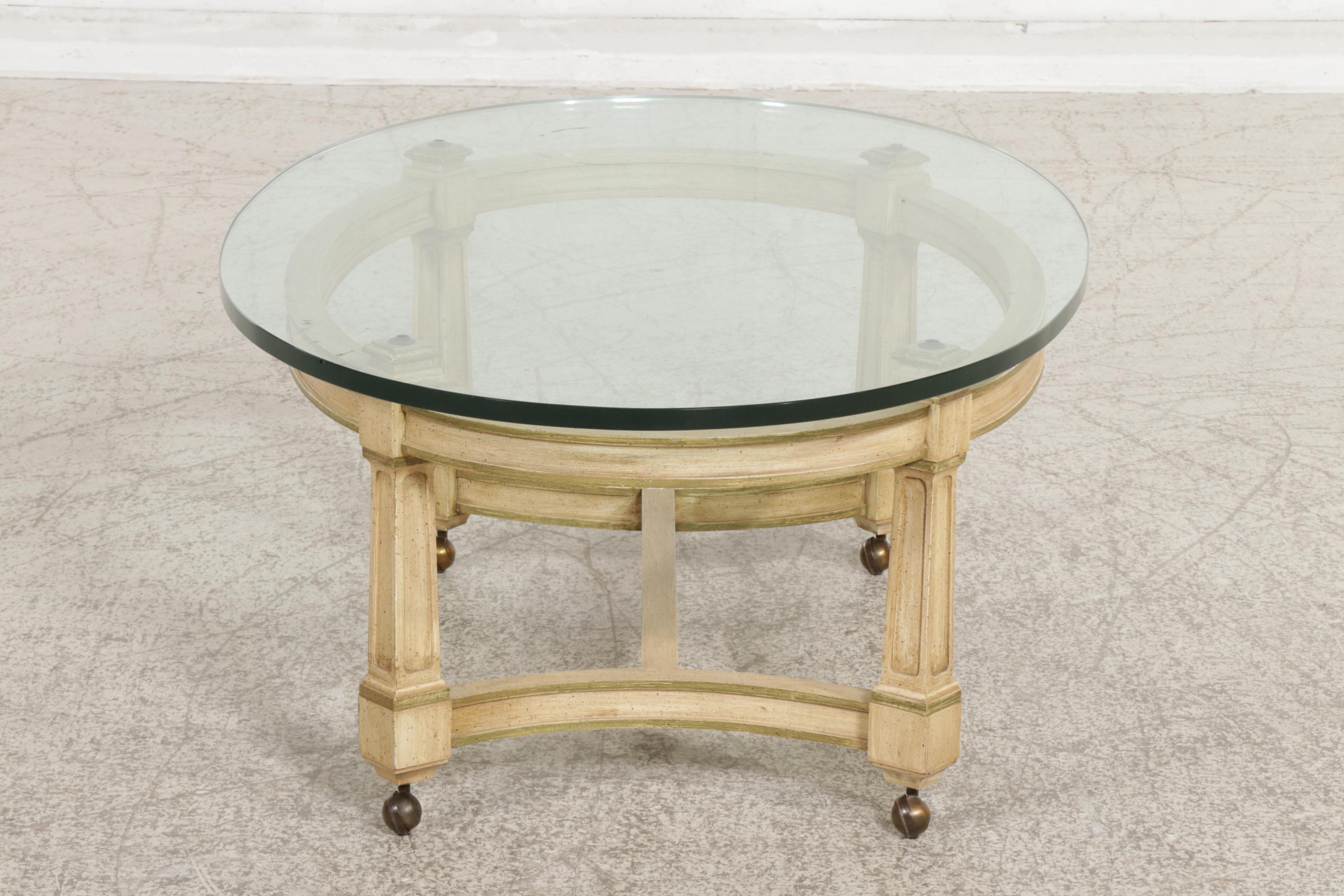 Painted Wood and Oval Glass Top Coffee Table on Casters, Mid to Late 20th C.