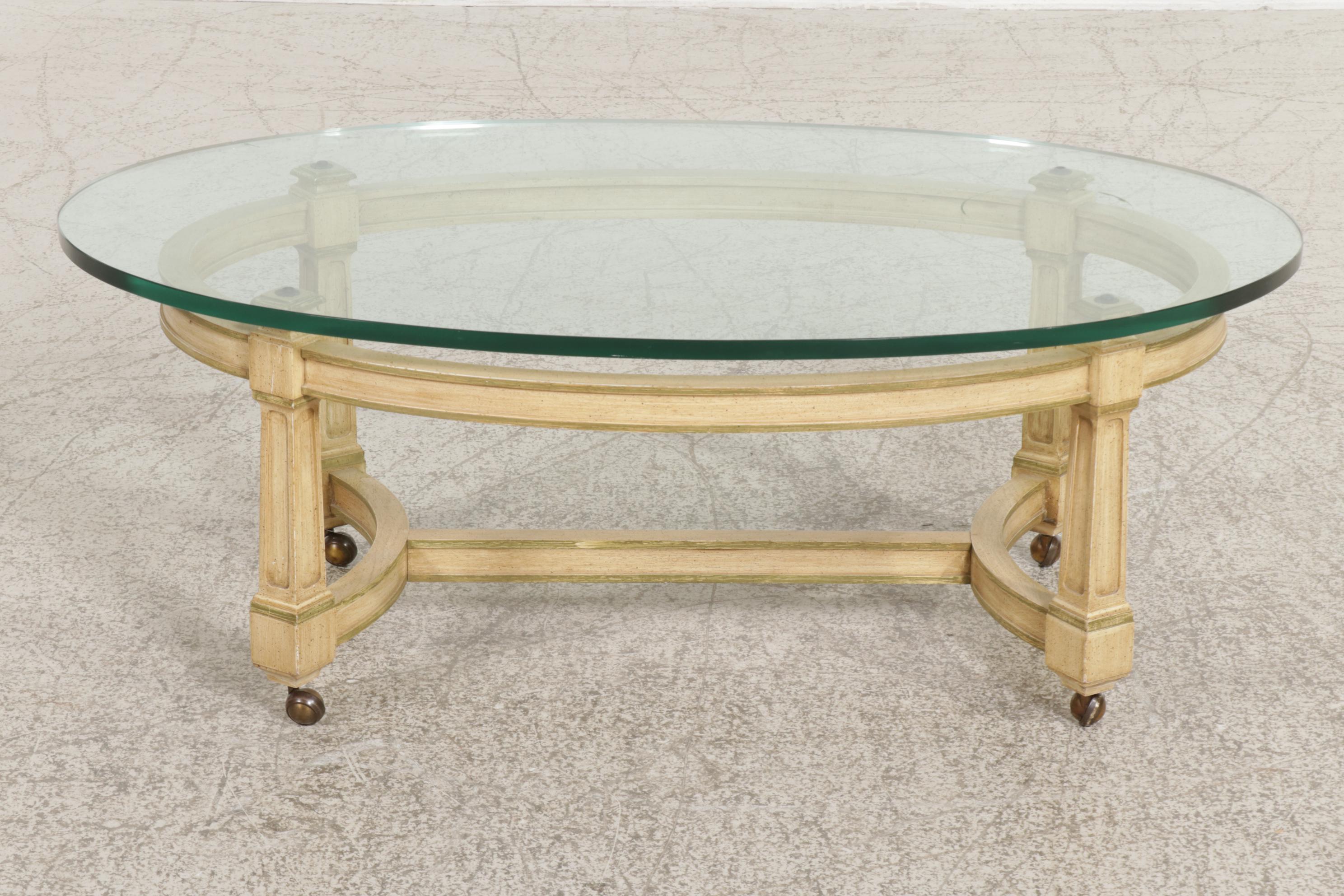 Painted Wood and Oval Glass Top Coffee Table on Casters, Mid to Late 20th C.