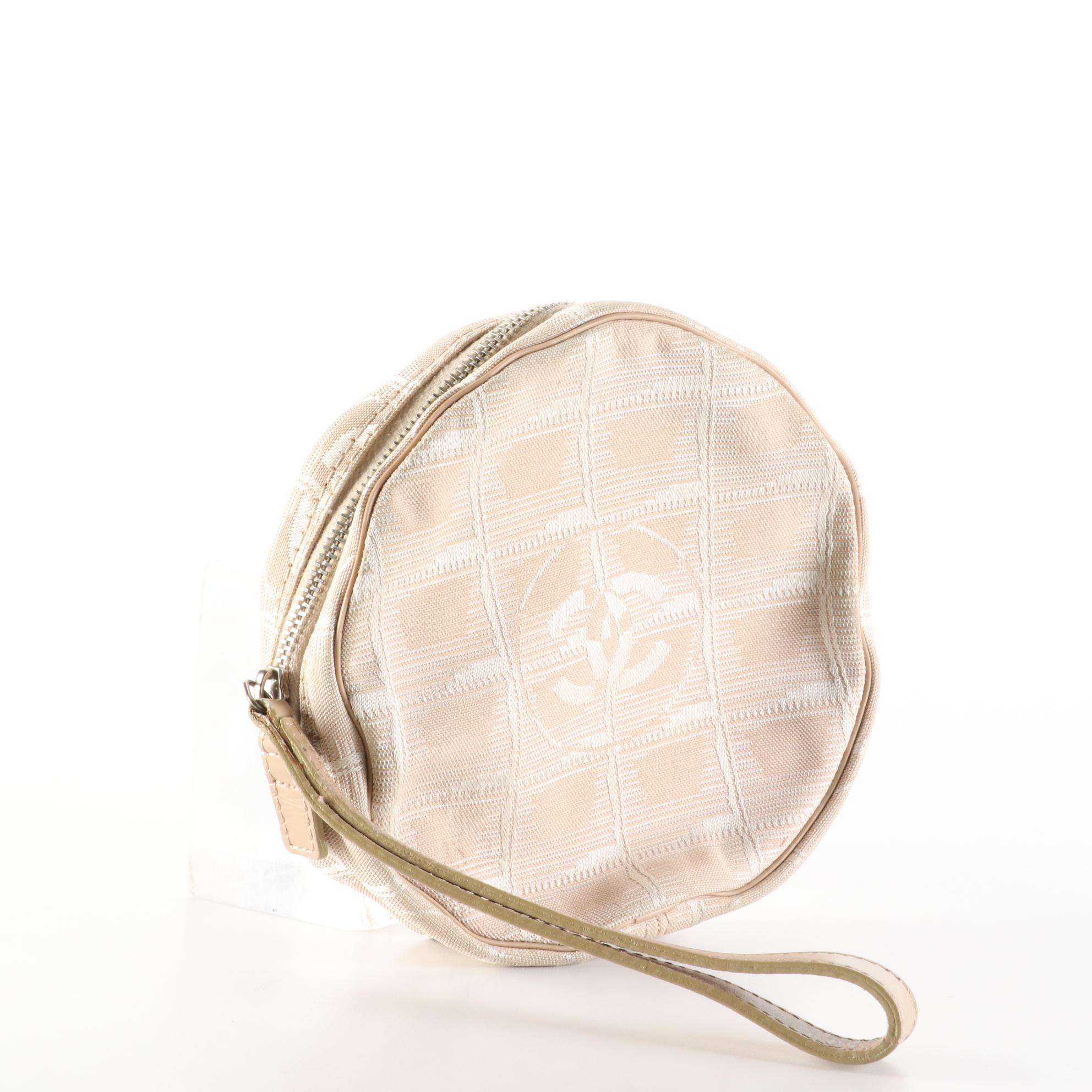 Chanel Travel Line Round Wristlet Pouch in CC Nylon Jacquard with Leather Trim