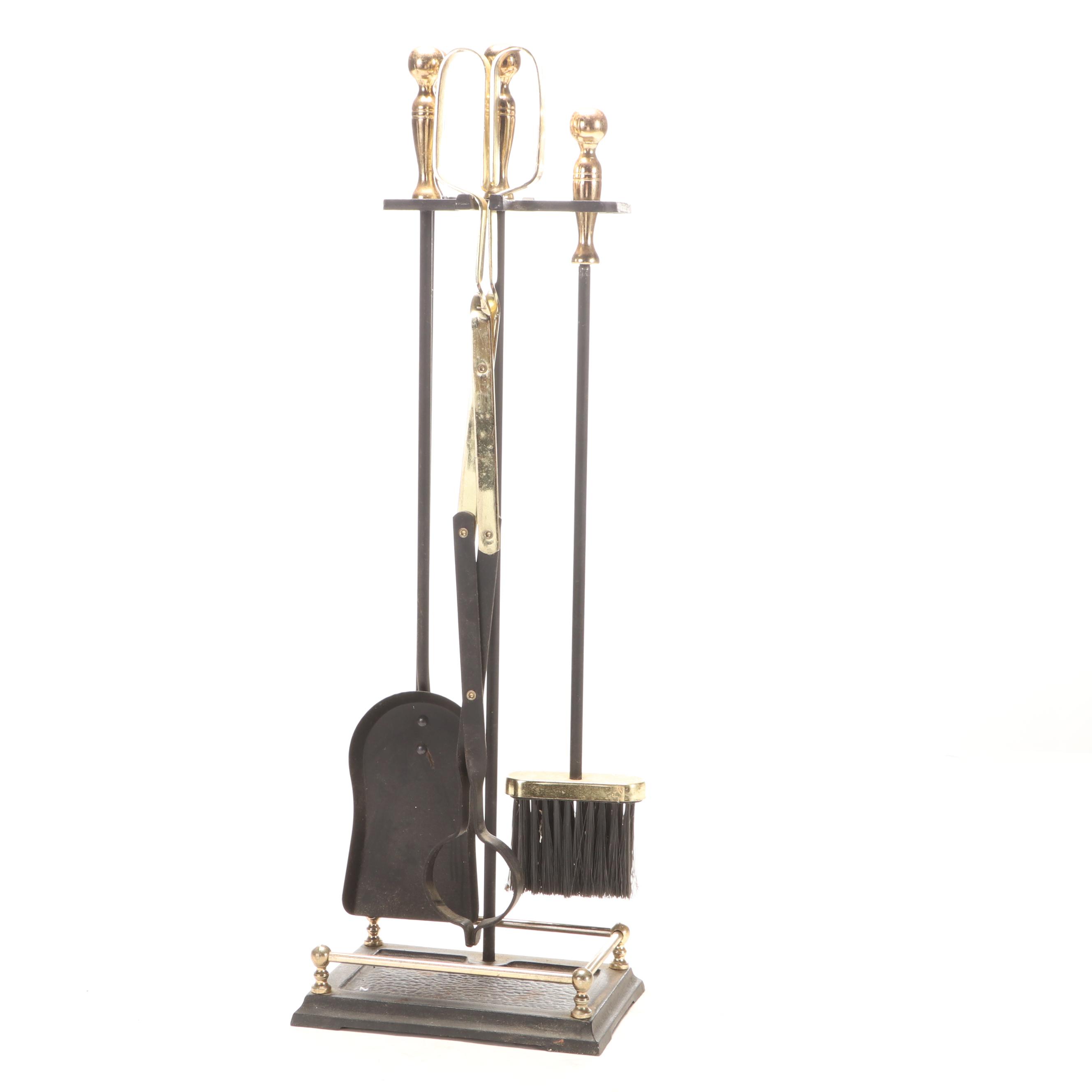 Queen Anne Style Cast Iron and Brass Fireplace Andirons and Tool Set
