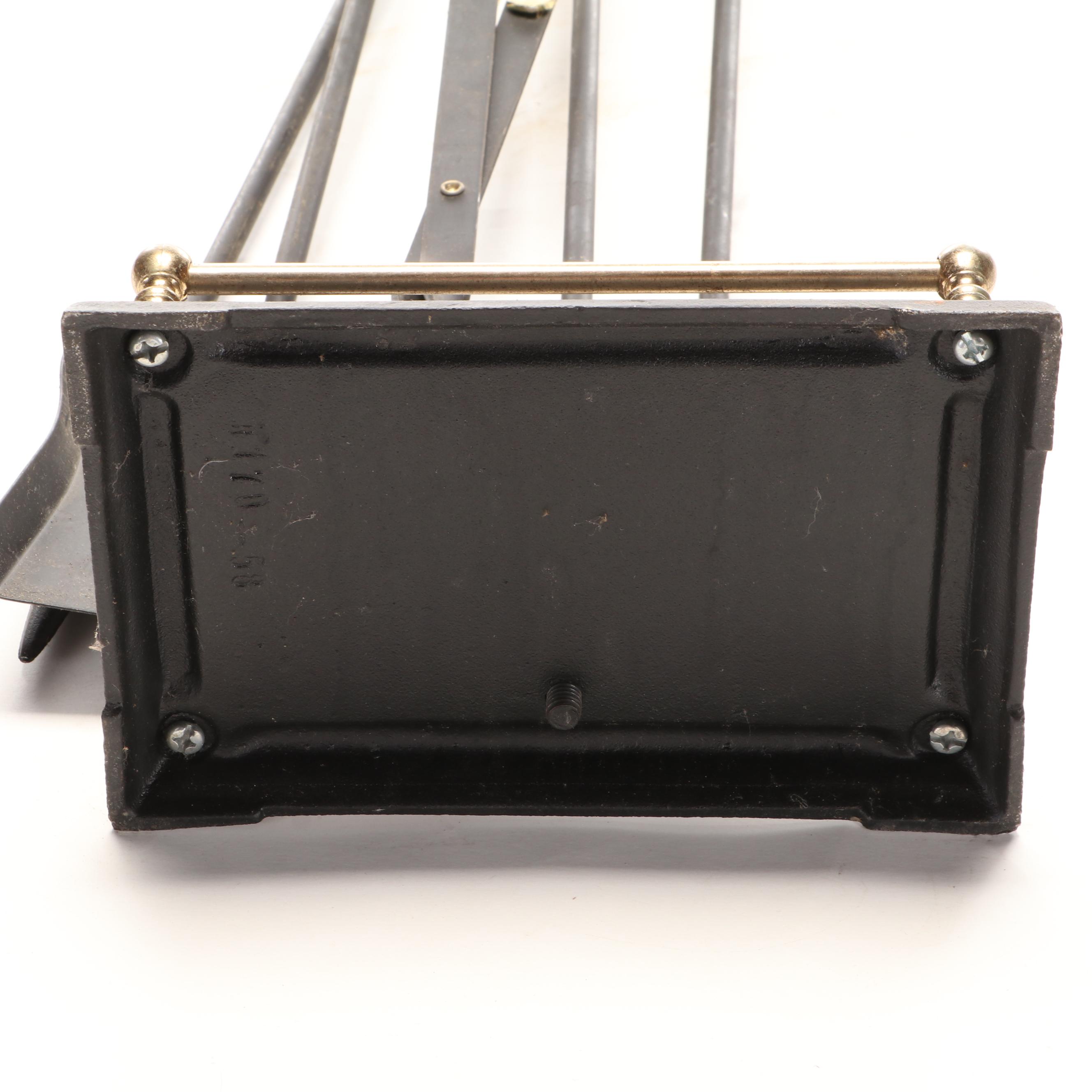 Queen Anne Style Cast Iron and Brass Fireplace Andirons and Tool Set