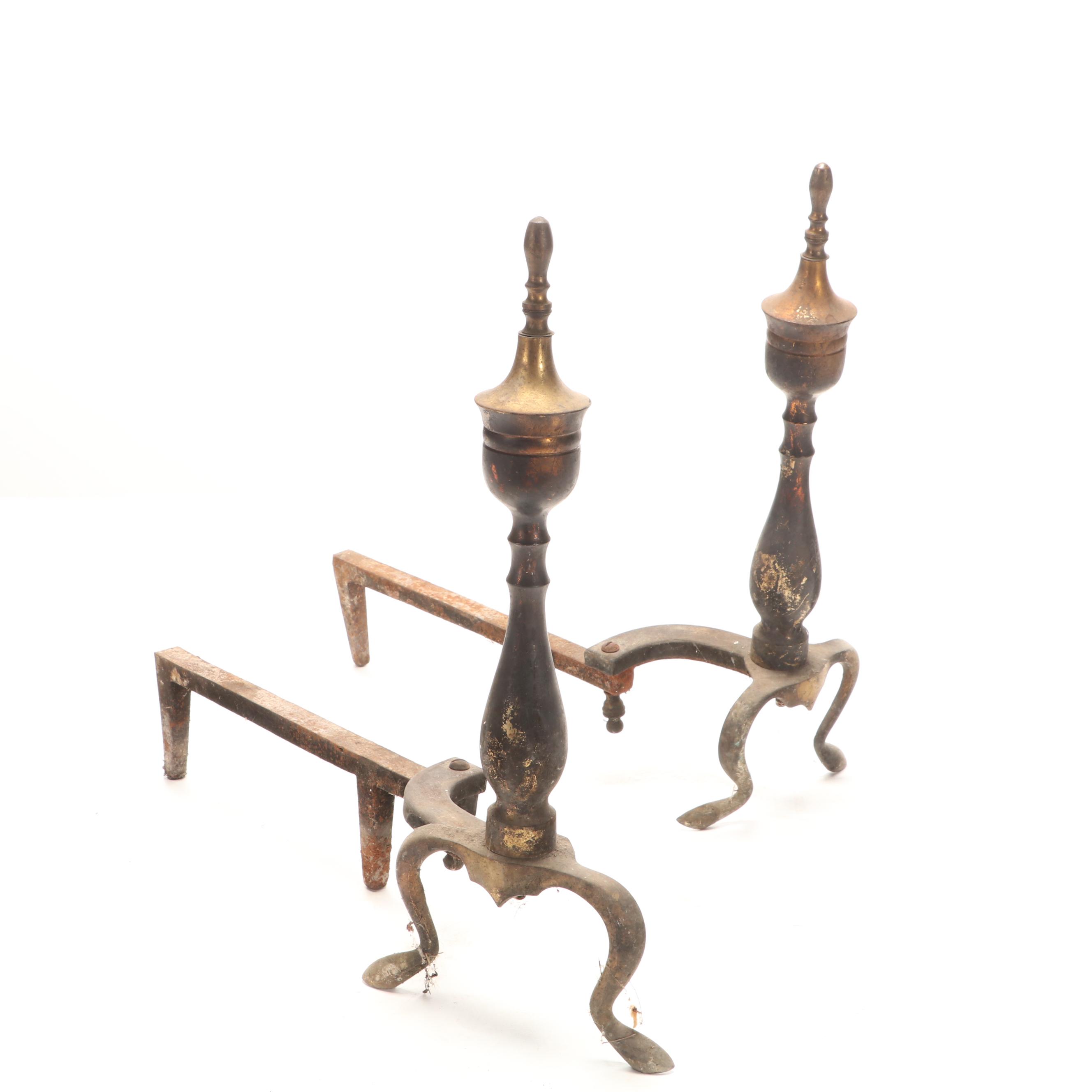 Queen Anne Style Cast Iron and Brass Fireplace Andirons and Tool Set