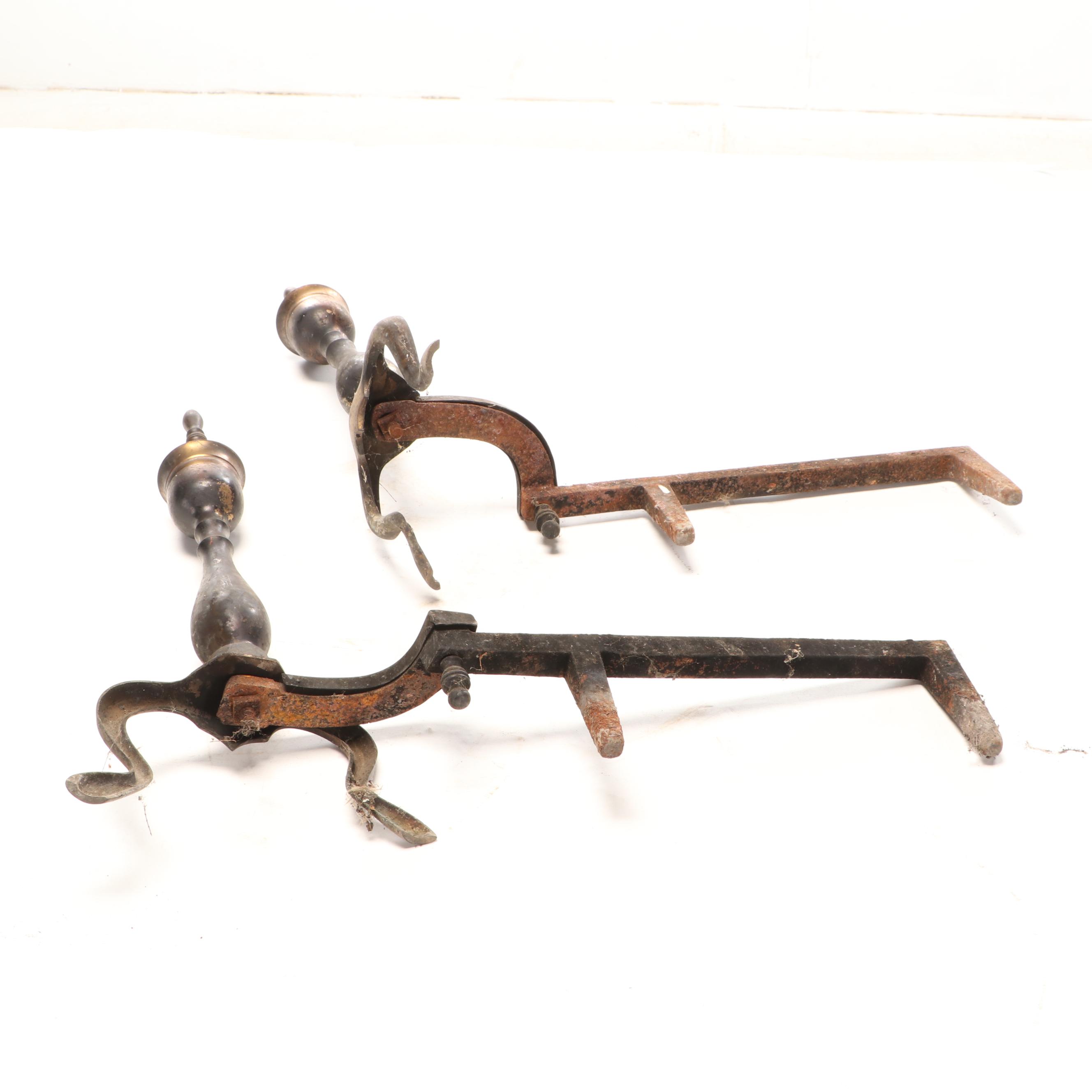 Queen Anne Style Cast Iron and Brass Fireplace Andirons and Tool Set