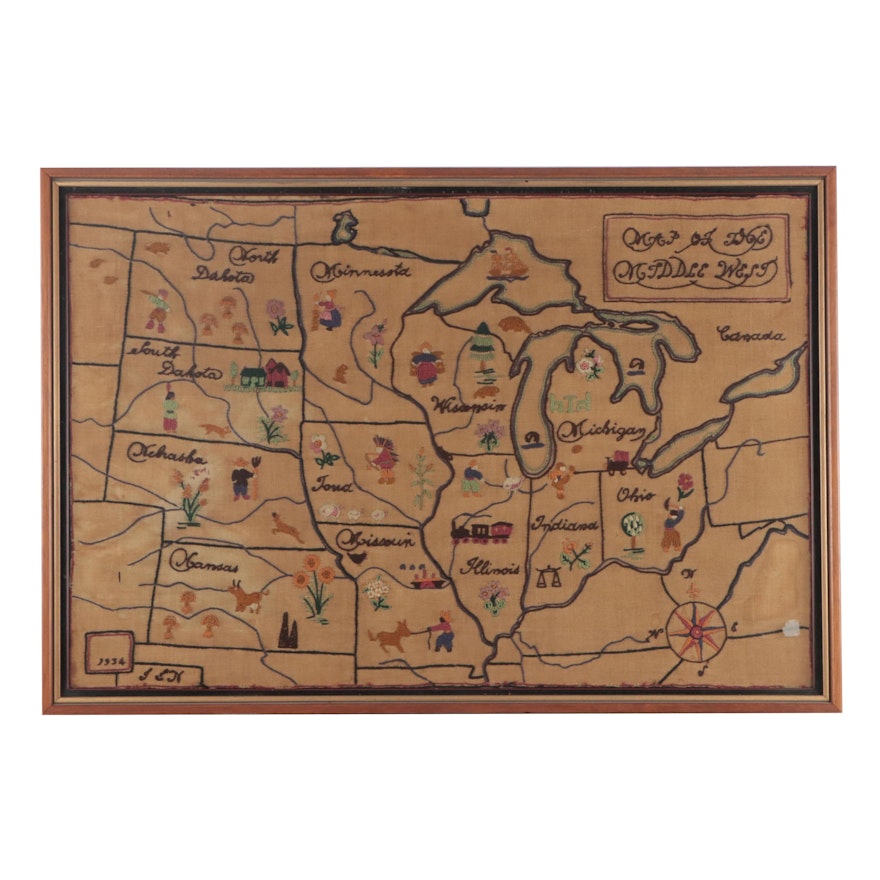Embroidery Sampler "Map of the Middle West," 1934