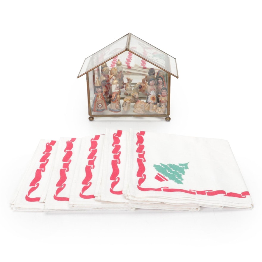 Hand-Painted Nativity Set and Christmas Tree Table Linens, Late 20th Century