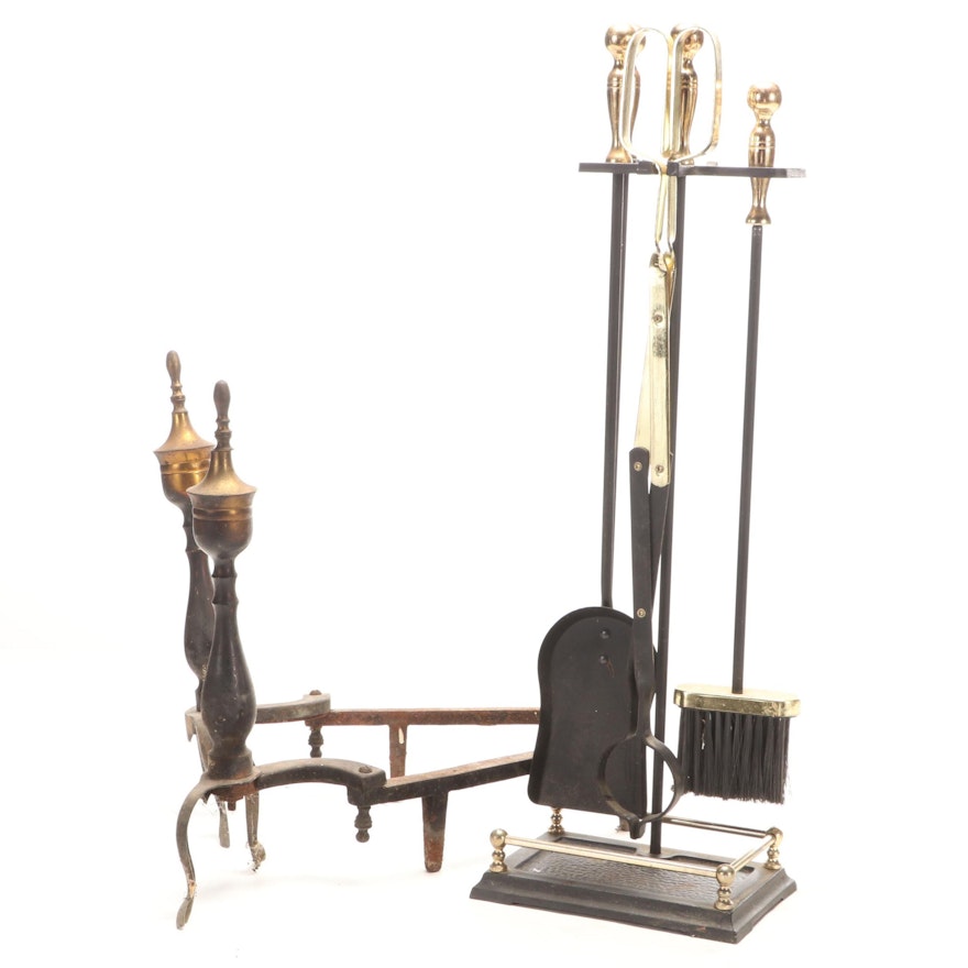 Queen Anne Style Cast Iron and Brass Fireplace Andirons and Tool Set