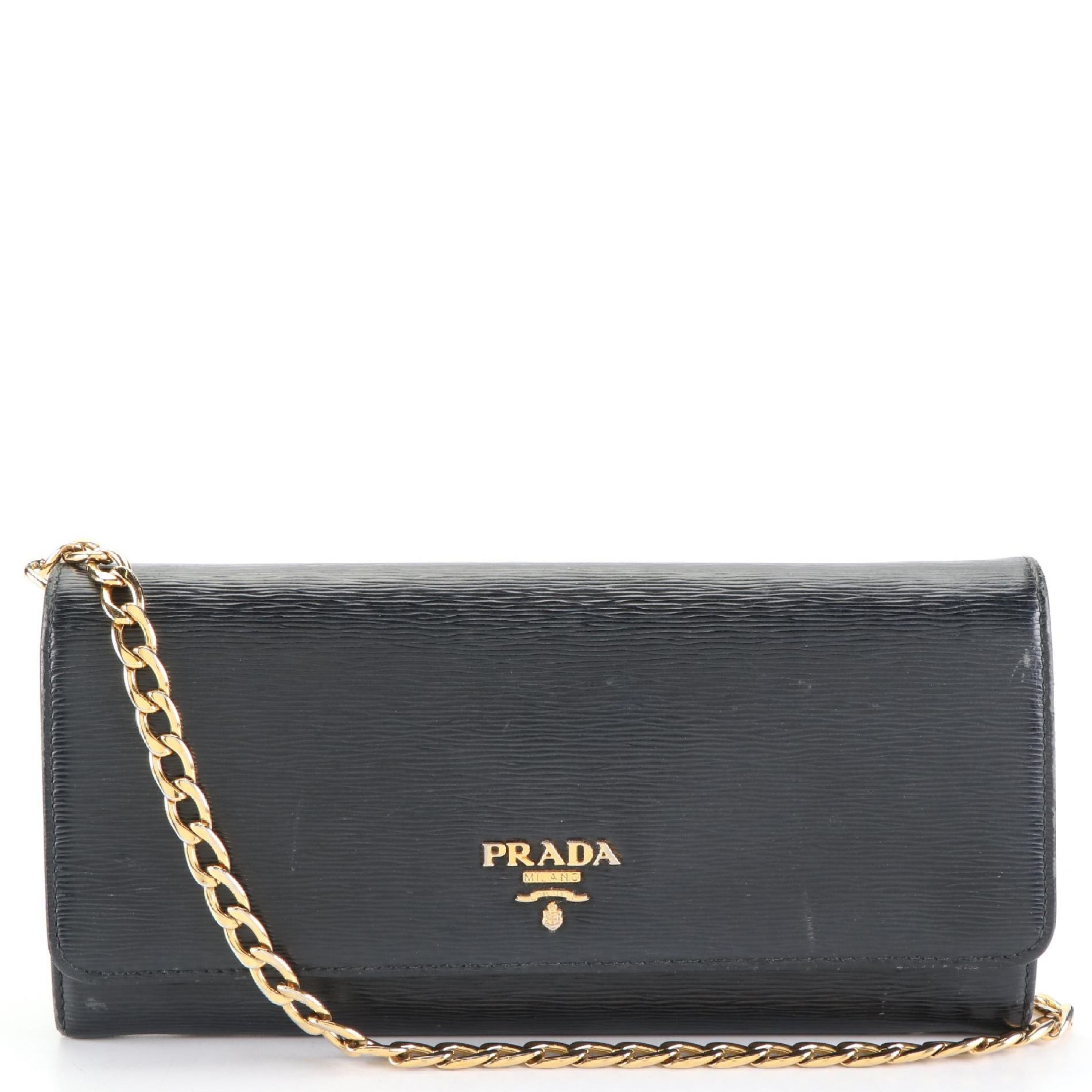 Prada Textured Leather Chain Strap Crossbody Wallet