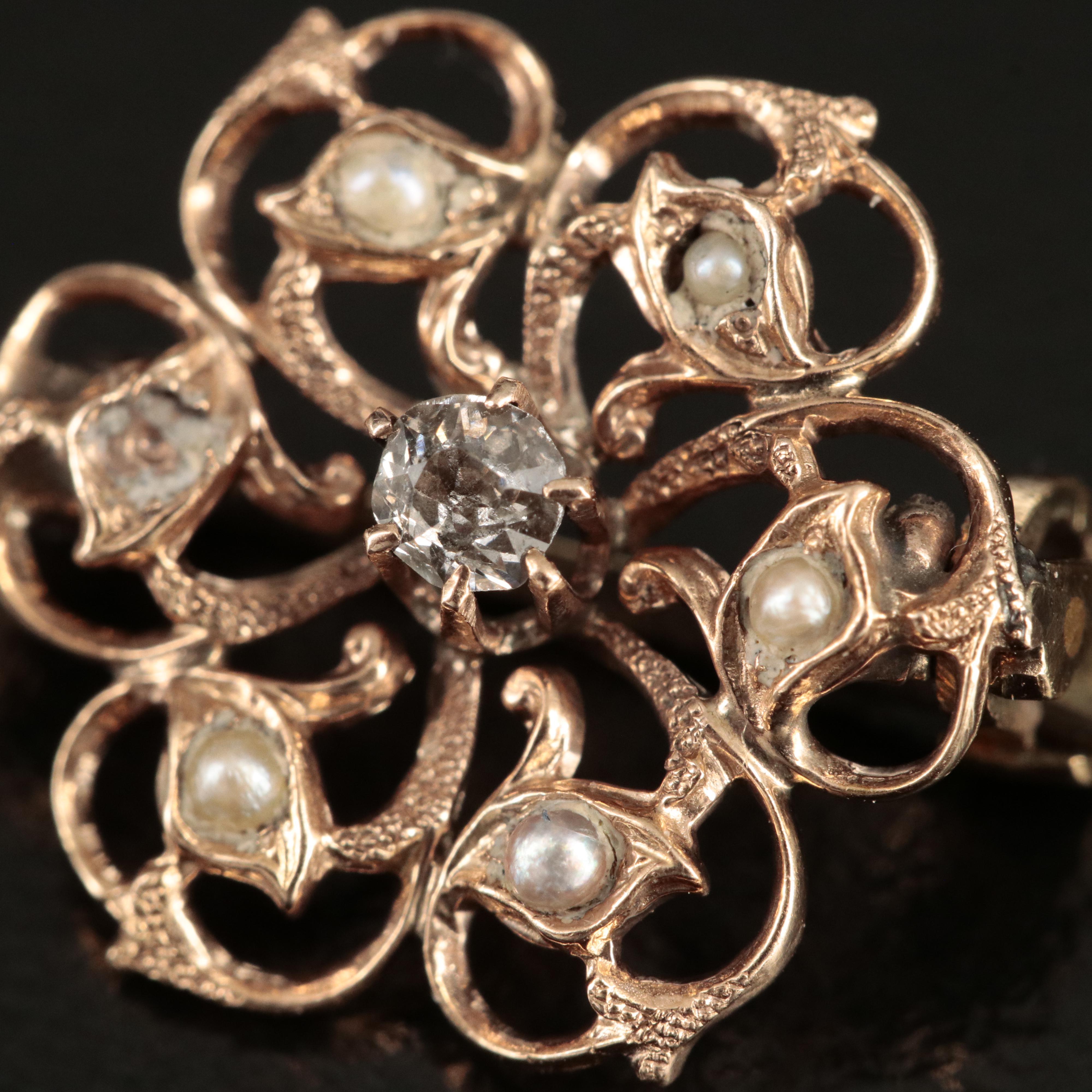 10K and 14K Stick Pins and Pin with Diamond, Seed Pearls and Pearl