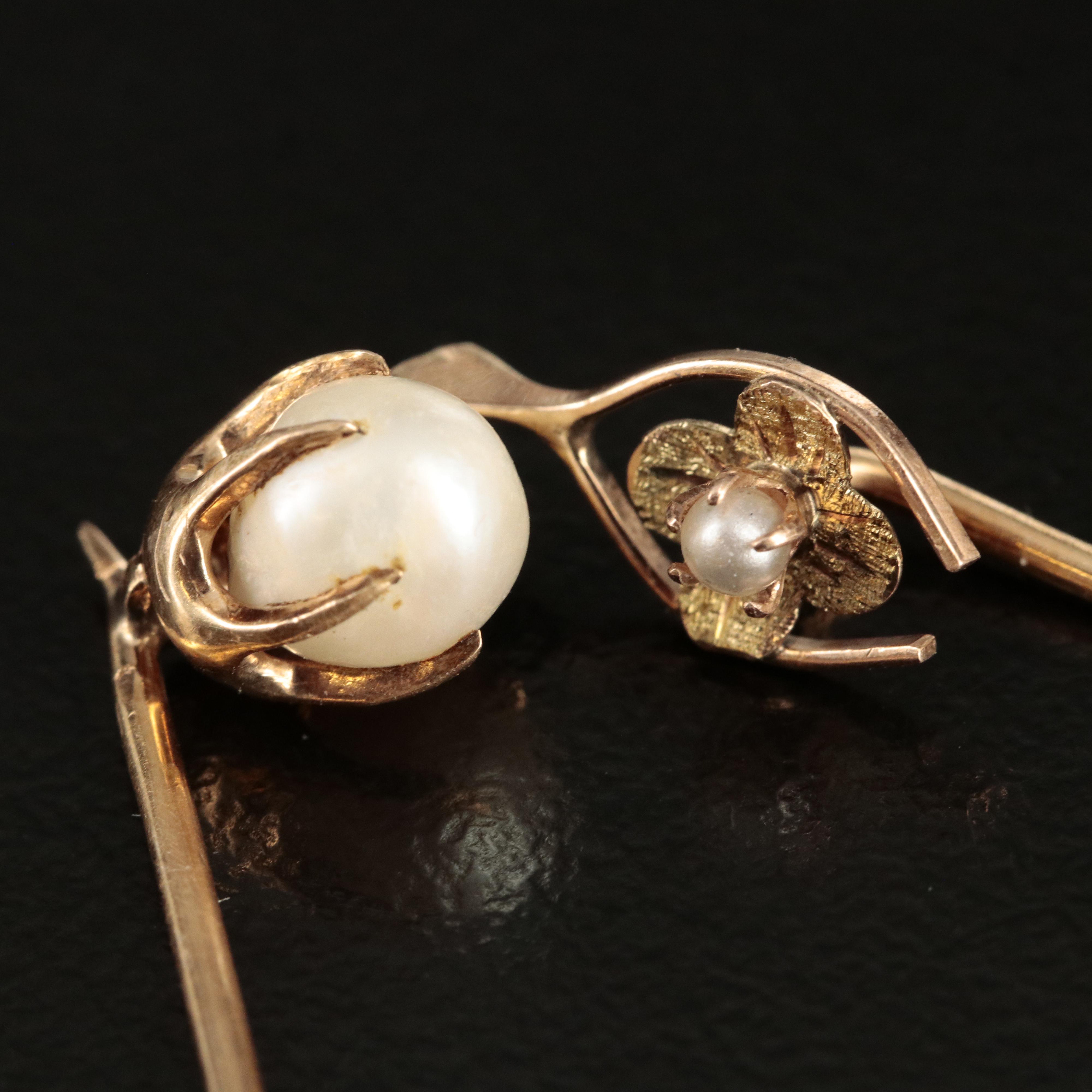 10K and 14K Stick Pins and Pin with Diamond, Seed Pearls and Pearl