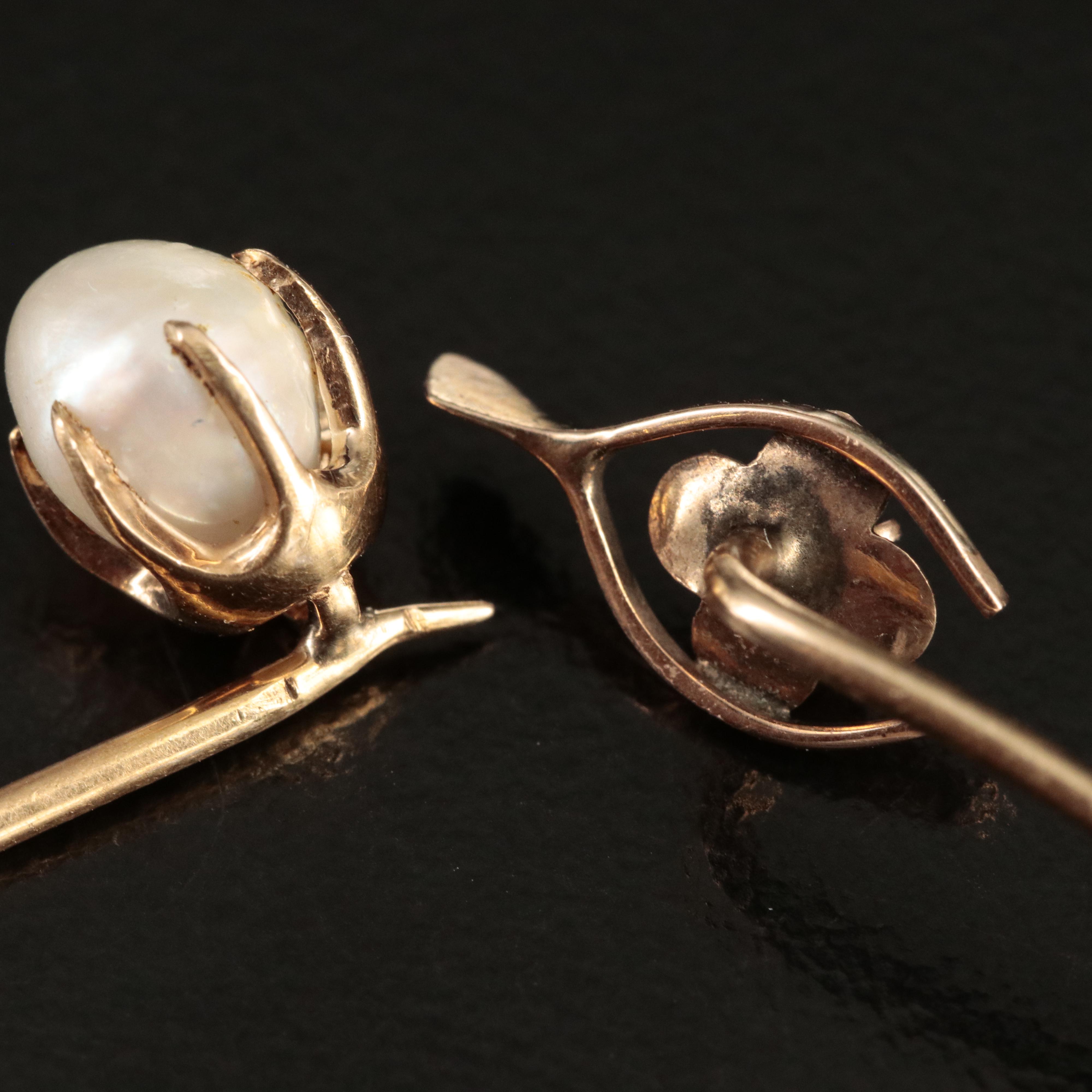 10K and 14K Stick Pins and Pin with Diamond, Seed Pearls and Pearl