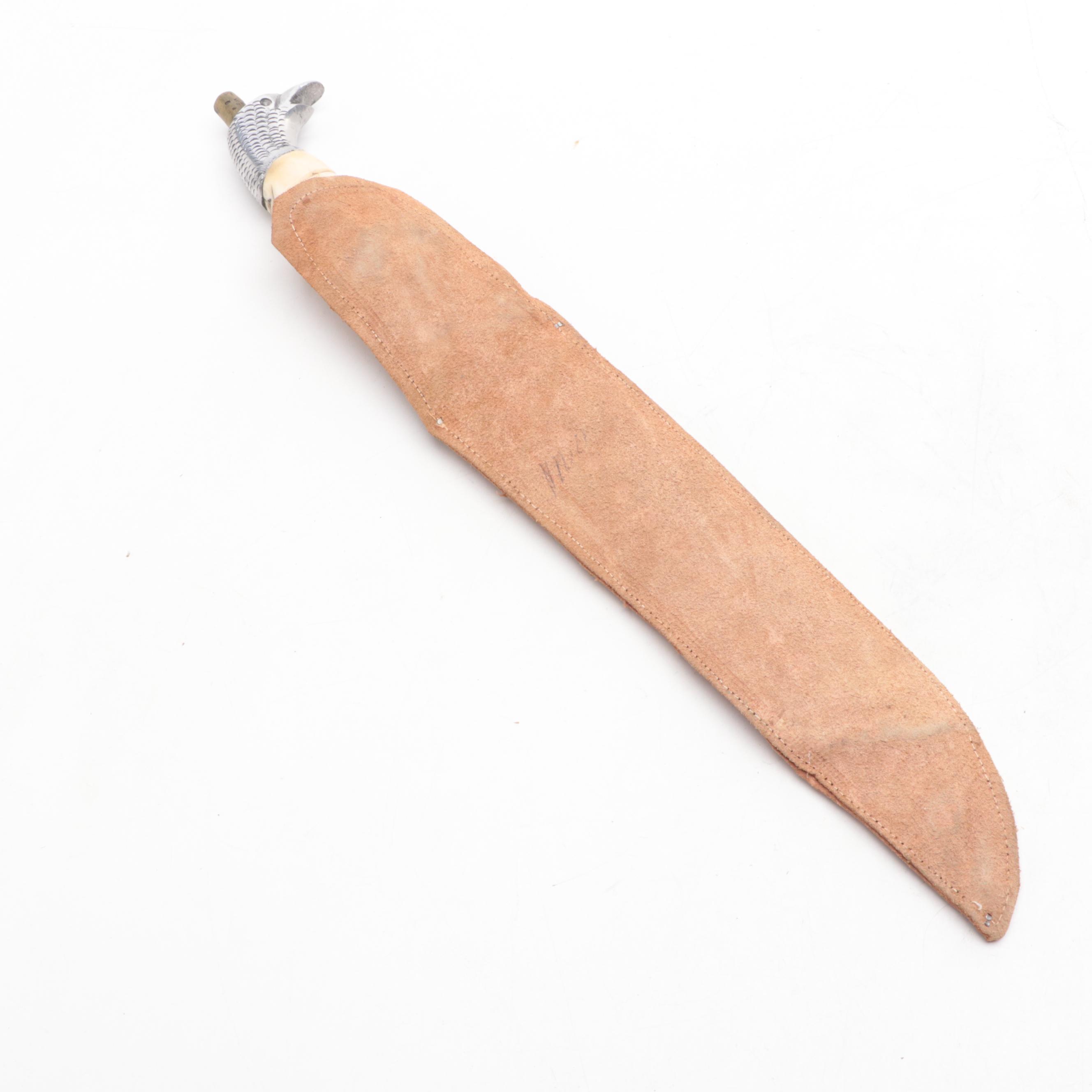 Mexican Bone-Handled Bowie Knife with Leather Scabbard