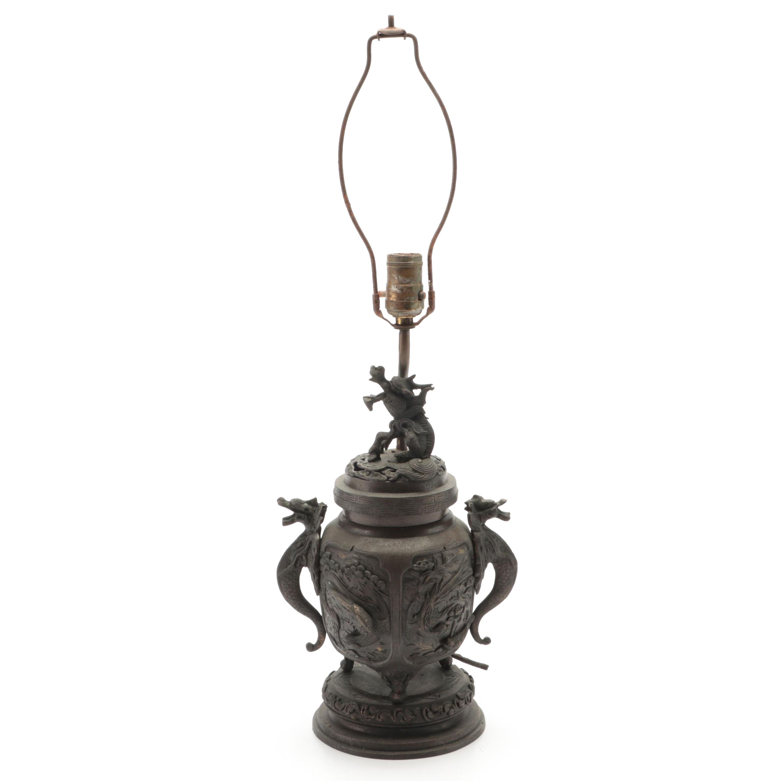 Japanese Bas-Relief Bronze Censer Table Lamp
