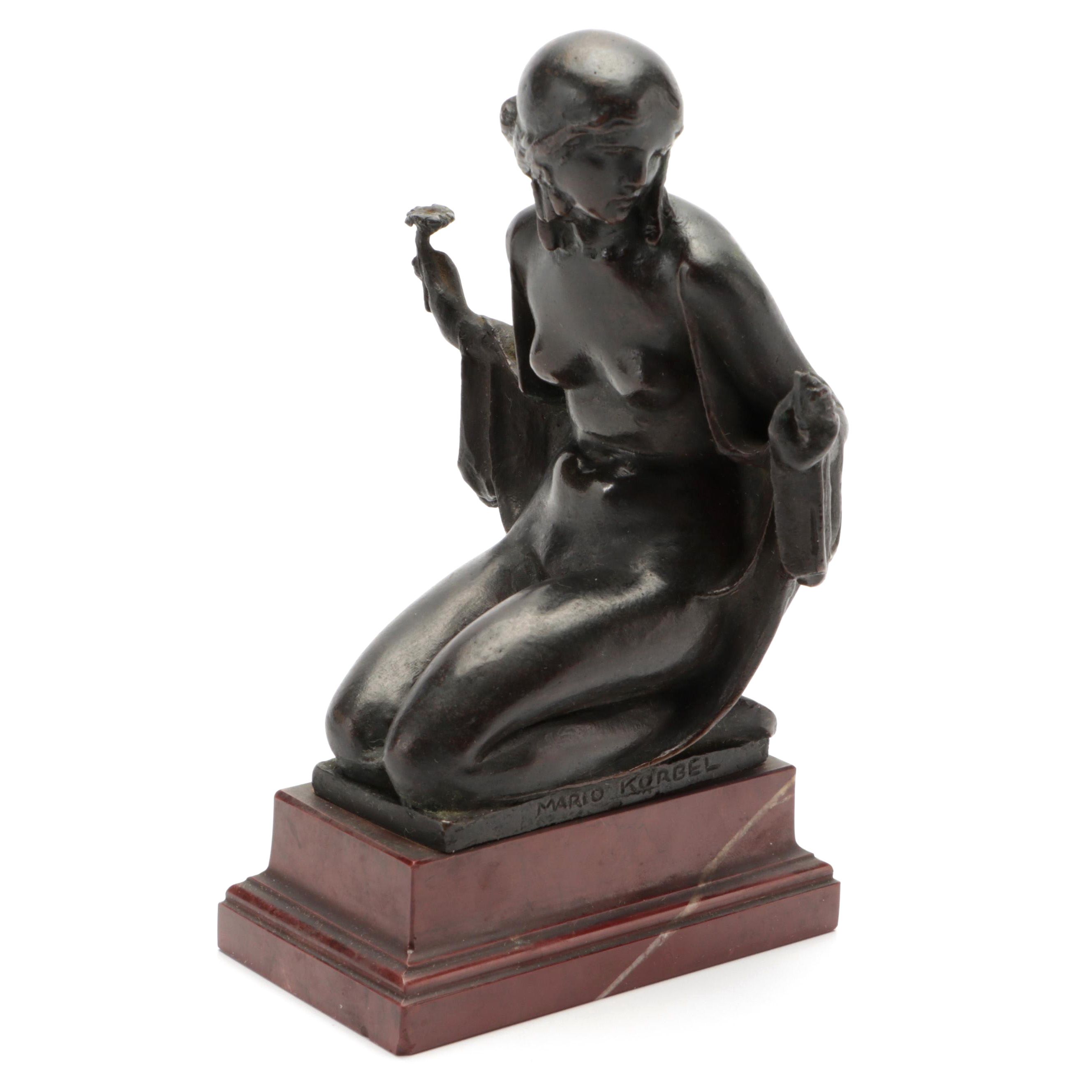 Bronze on Marble Sculpture of Female Figural Nude after Mario J. Korbel
