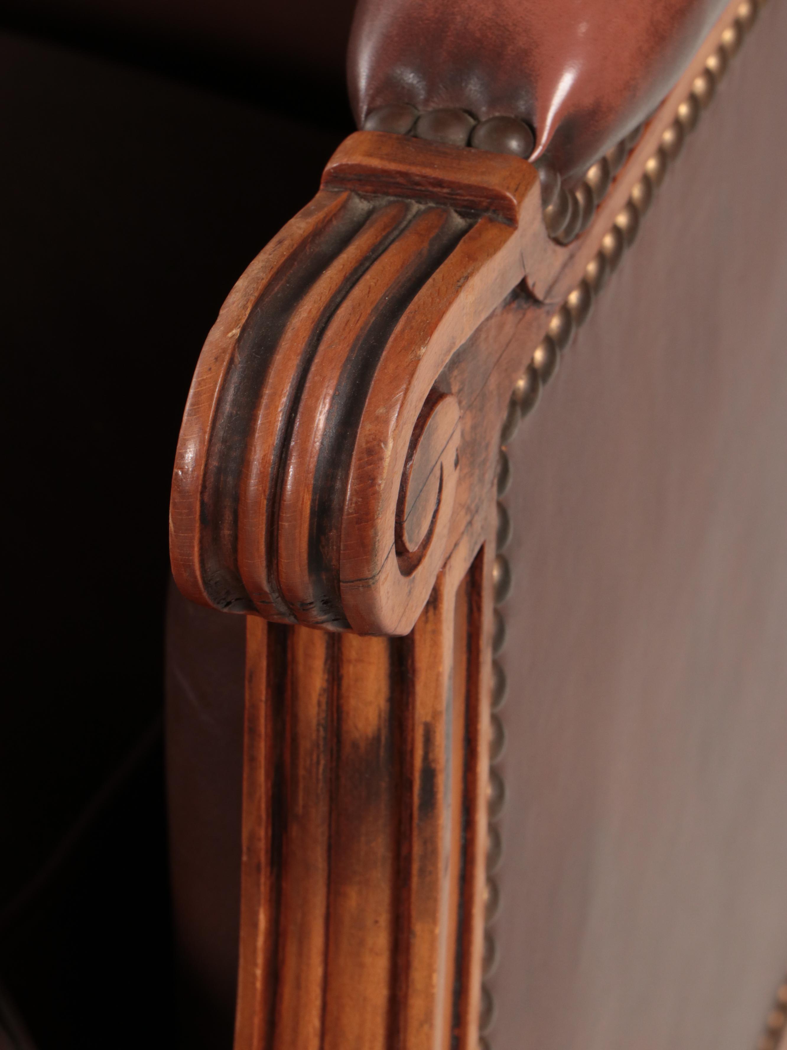 Pair of Louis XVI Style Leather-Upholstered Hardwood Bergères à Oreilles