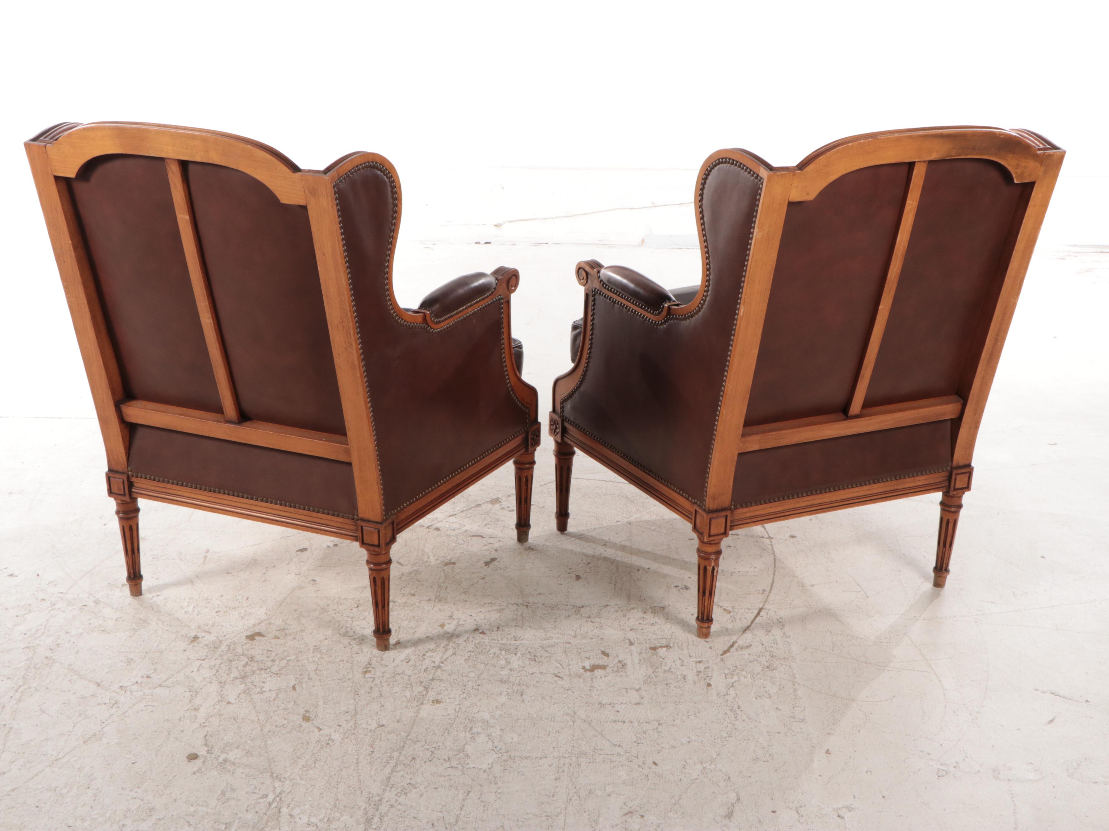 Pair of Louis XVI Style Leather-Upholstered Hardwood Bergères à Oreilles