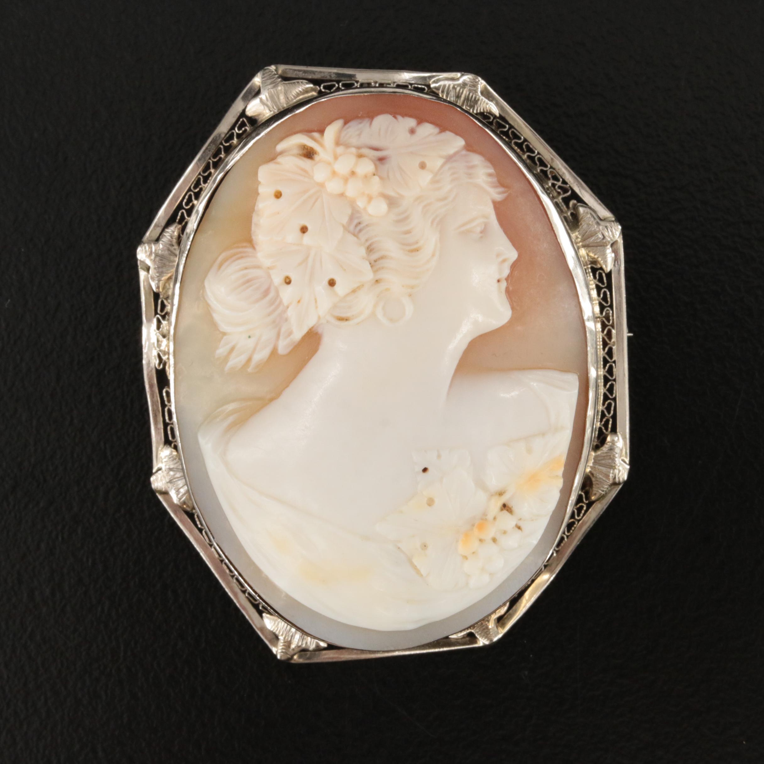 Early 1900s 14K Shell Bacchanate Cameo Converter Octagonal Filigree Frame Brooch