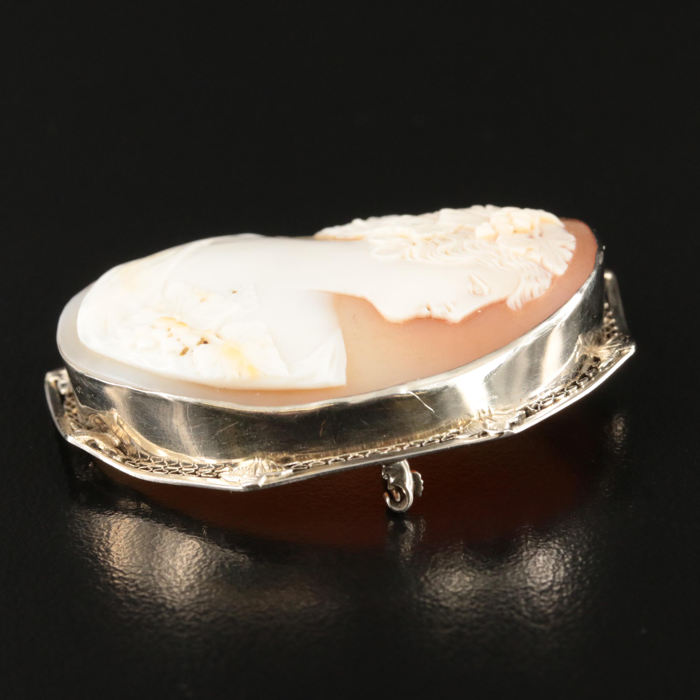 Early 1900s 14K Shell Bacchanate Cameo Converter Octagonal Filigree Frame Brooch