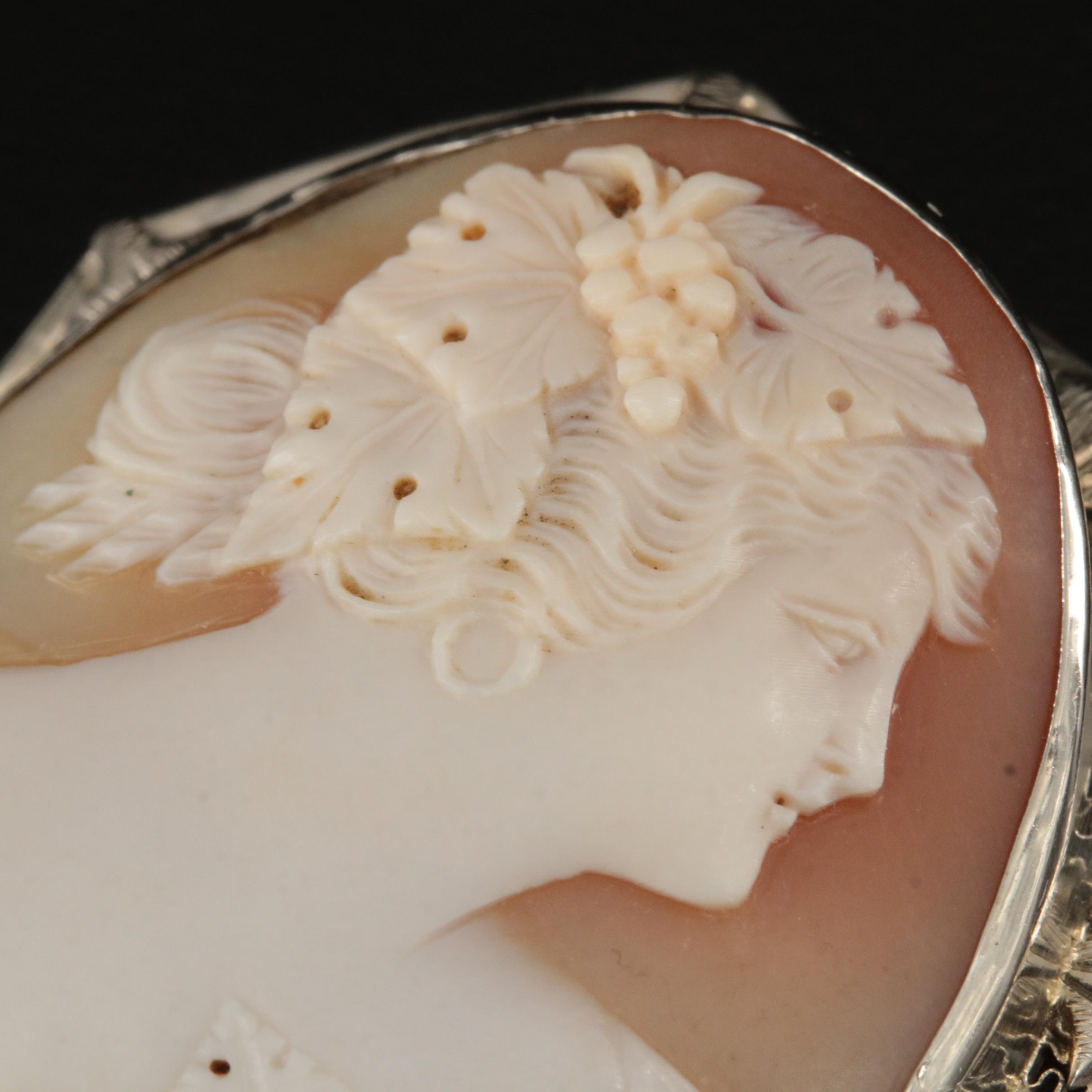 Early 1900s 14K Shell Bacchanate Cameo Converter Octagonal Filigree Frame Brooch