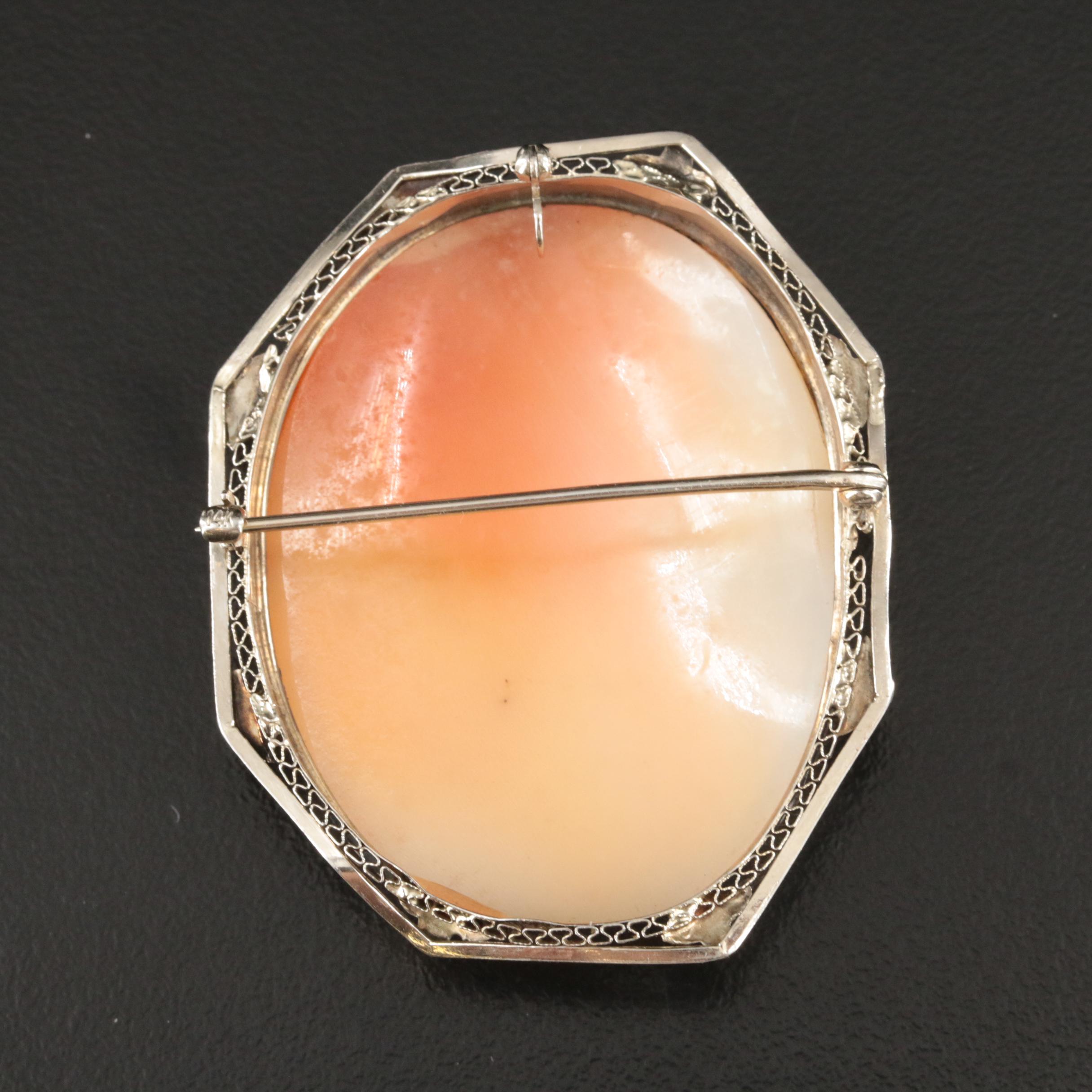Early 1900s 14K Shell Bacchanate Cameo Converter Octagonal Filigree Frame Brooch