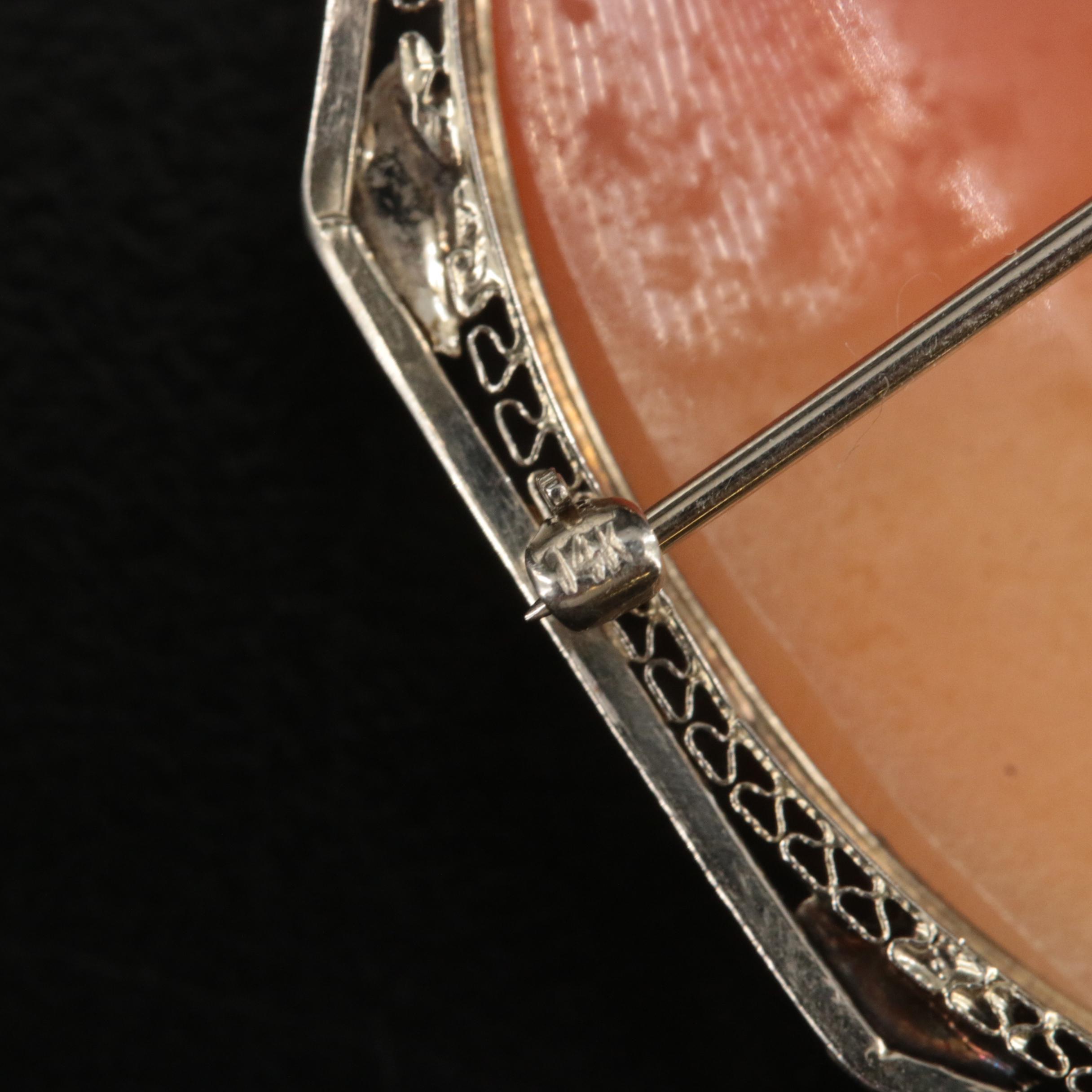 Early 1900s 14K Shell Bacchanate Cameo Converter Octagonal Filigree Frame Brooch