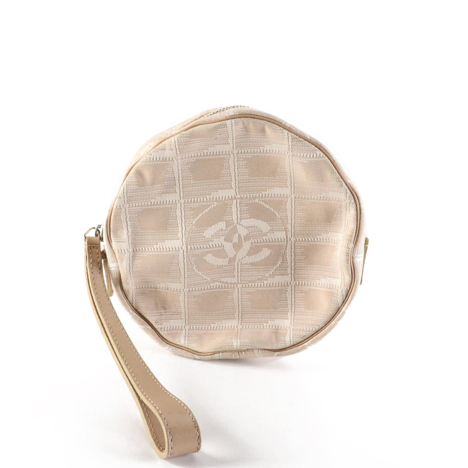 Chanel Travel Line Round Wristlet Pouch in CC Nylon Jacquard with Leather Trim