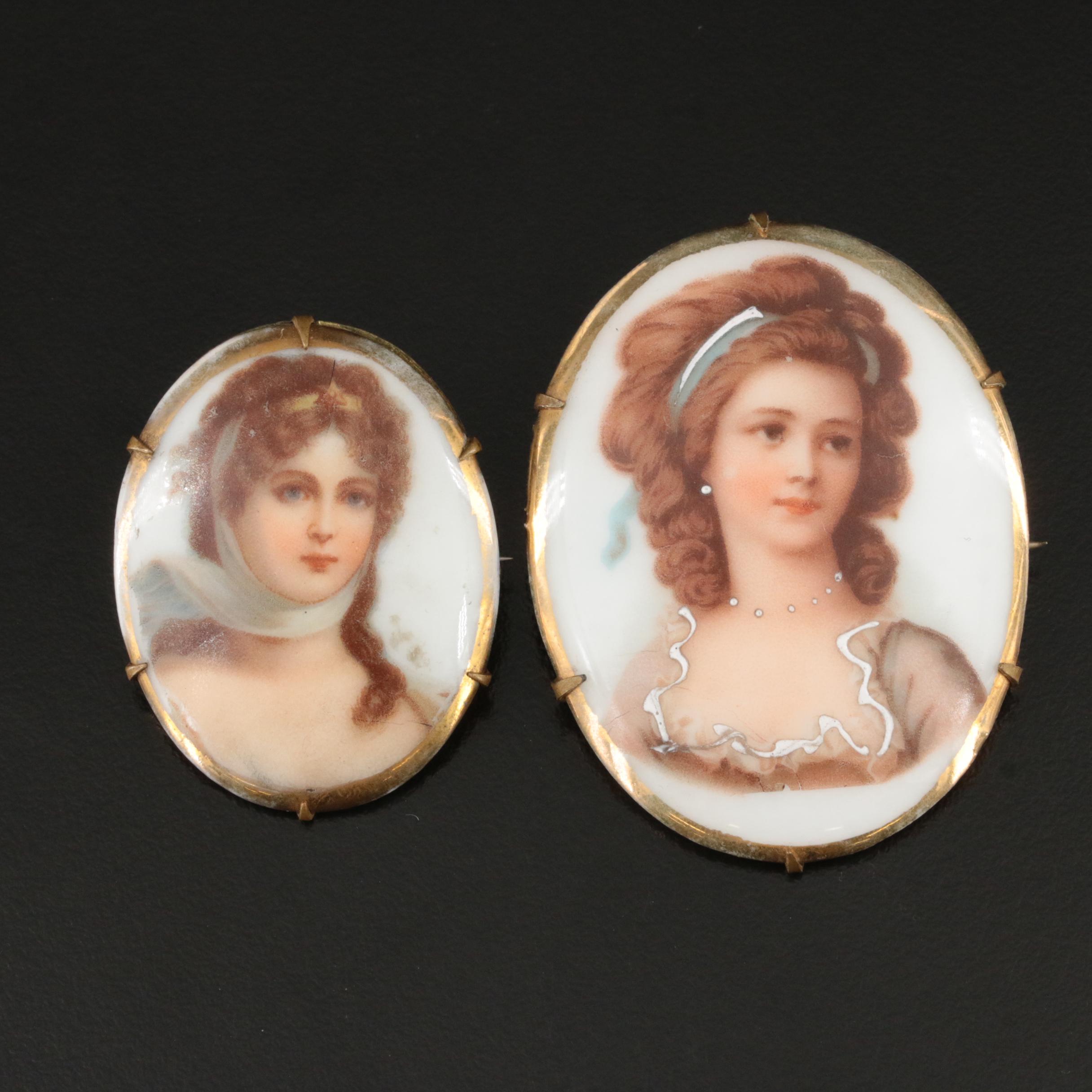 Antique Porcelain Portrait Brooches