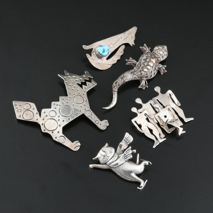 Sterling Brooches Including Sterling, Turquoise, Animals and Figural