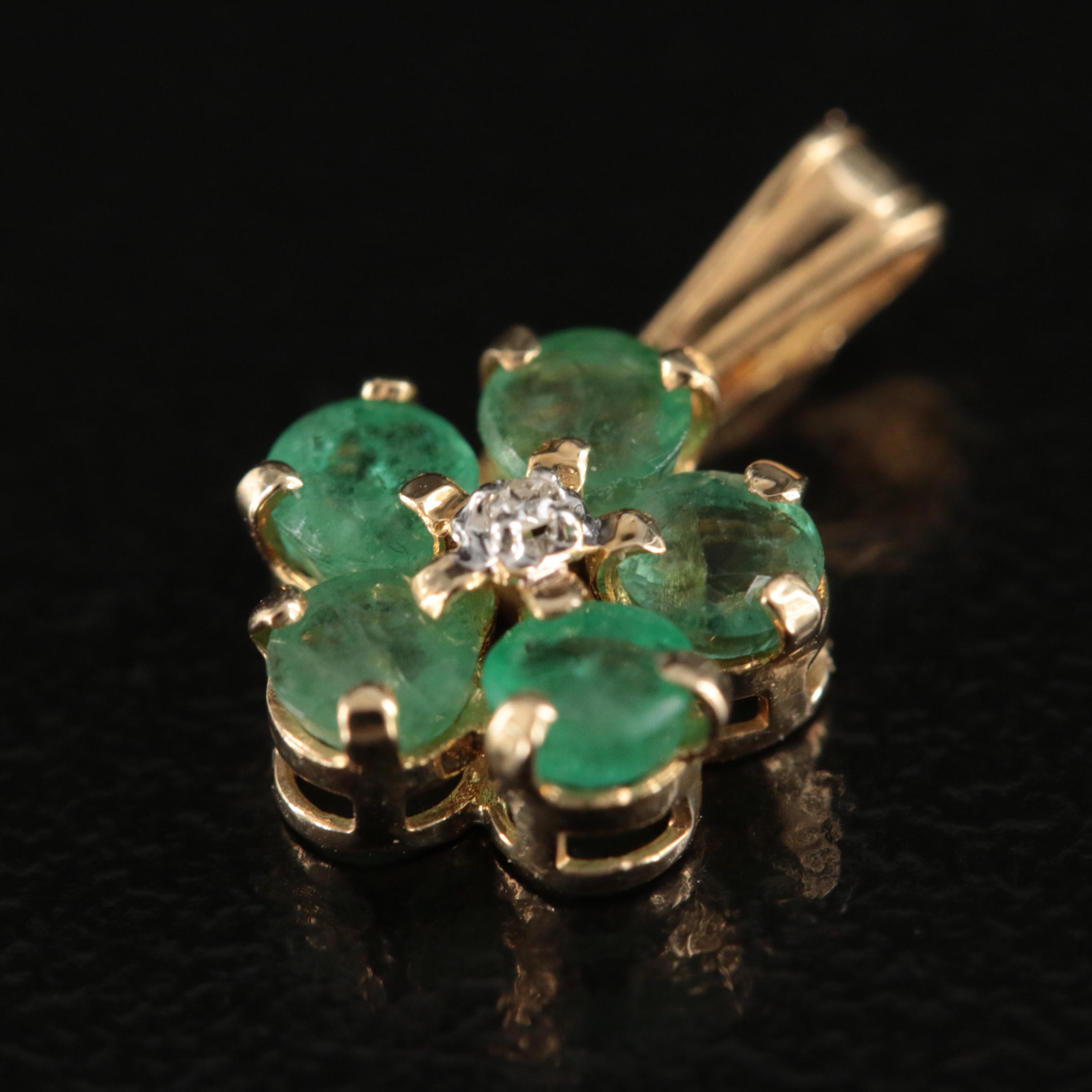 14K Emerald and Diamond Flower Pendant