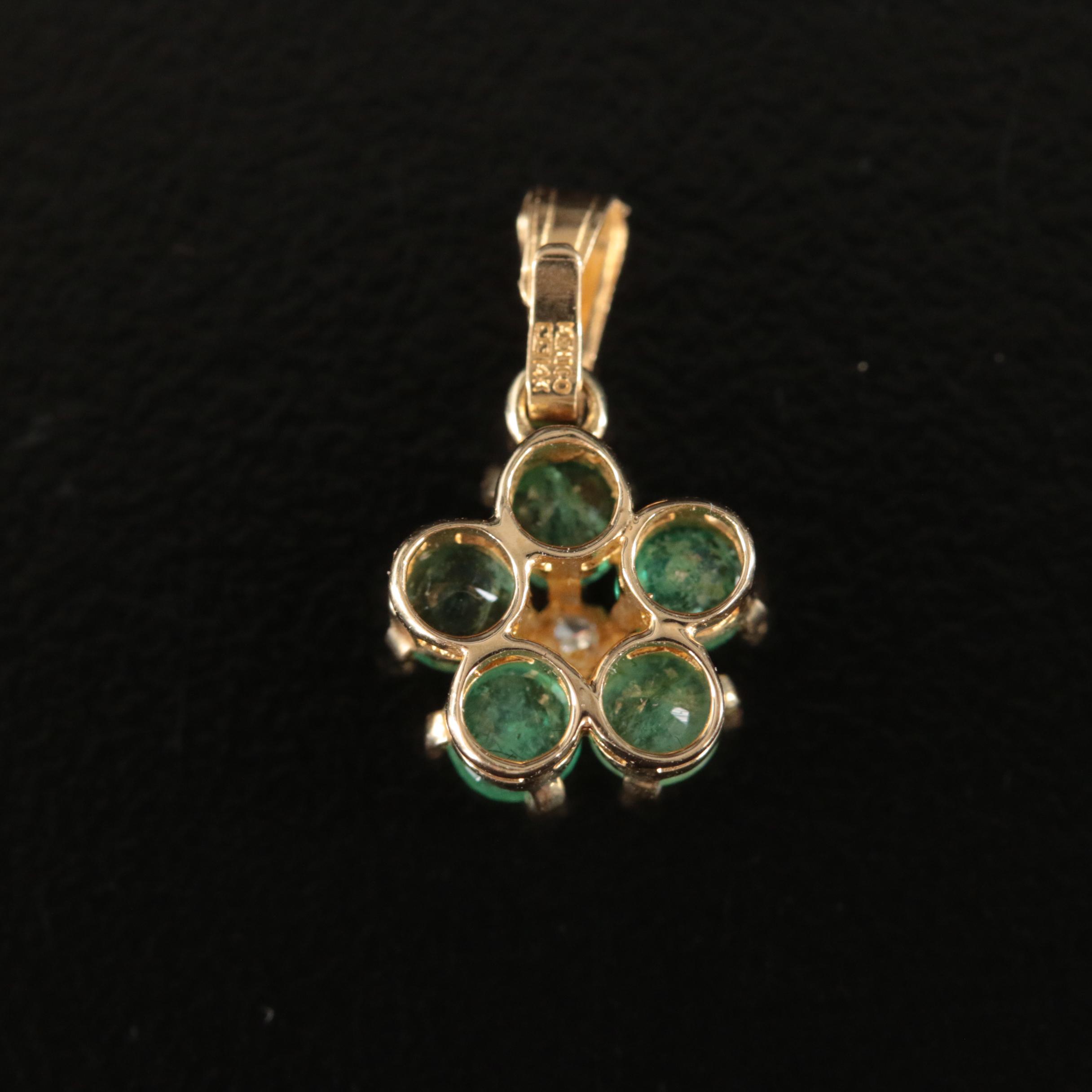 14K Emerald and Diamond Flower Pendant