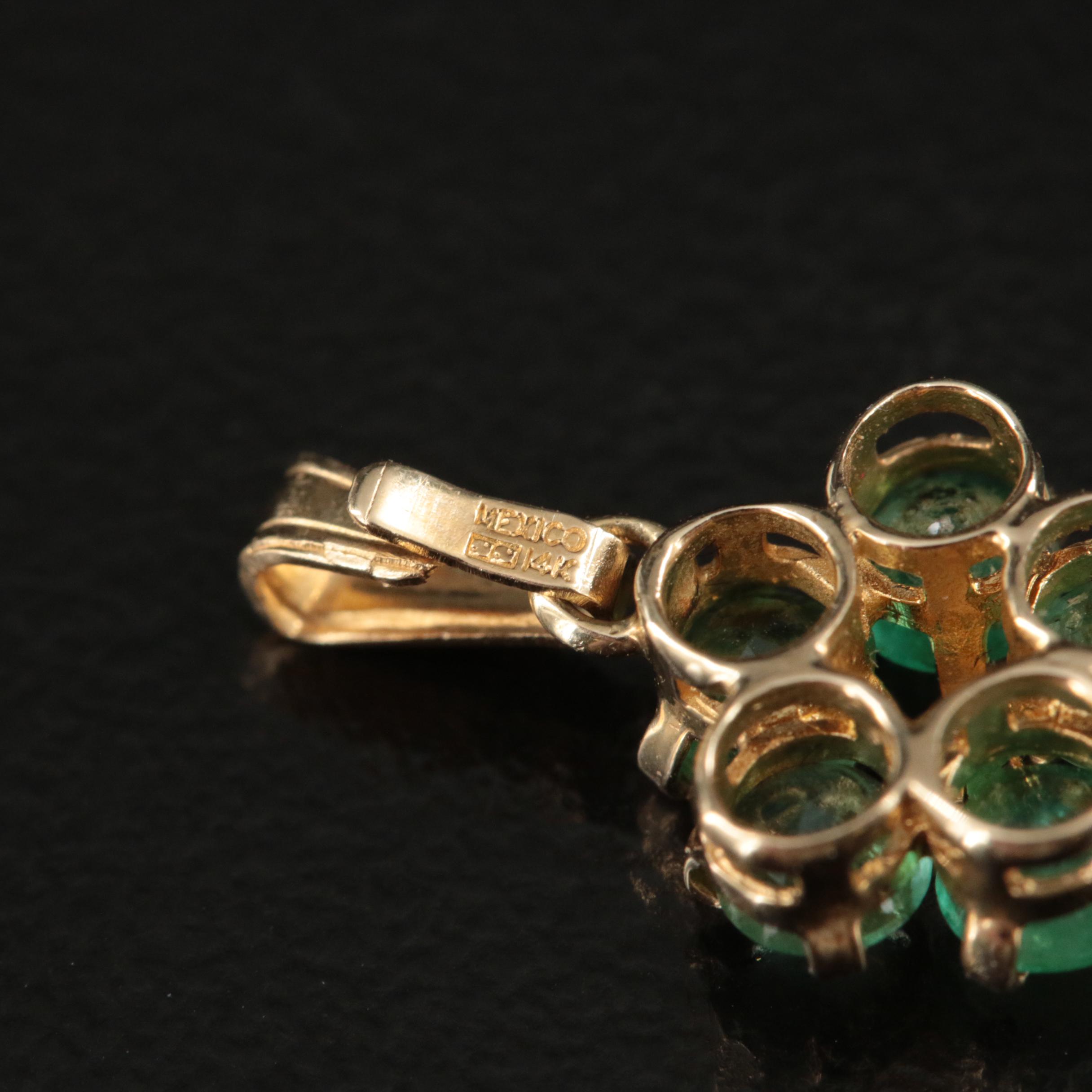 14K Emerald and Diamond Flower Pendant