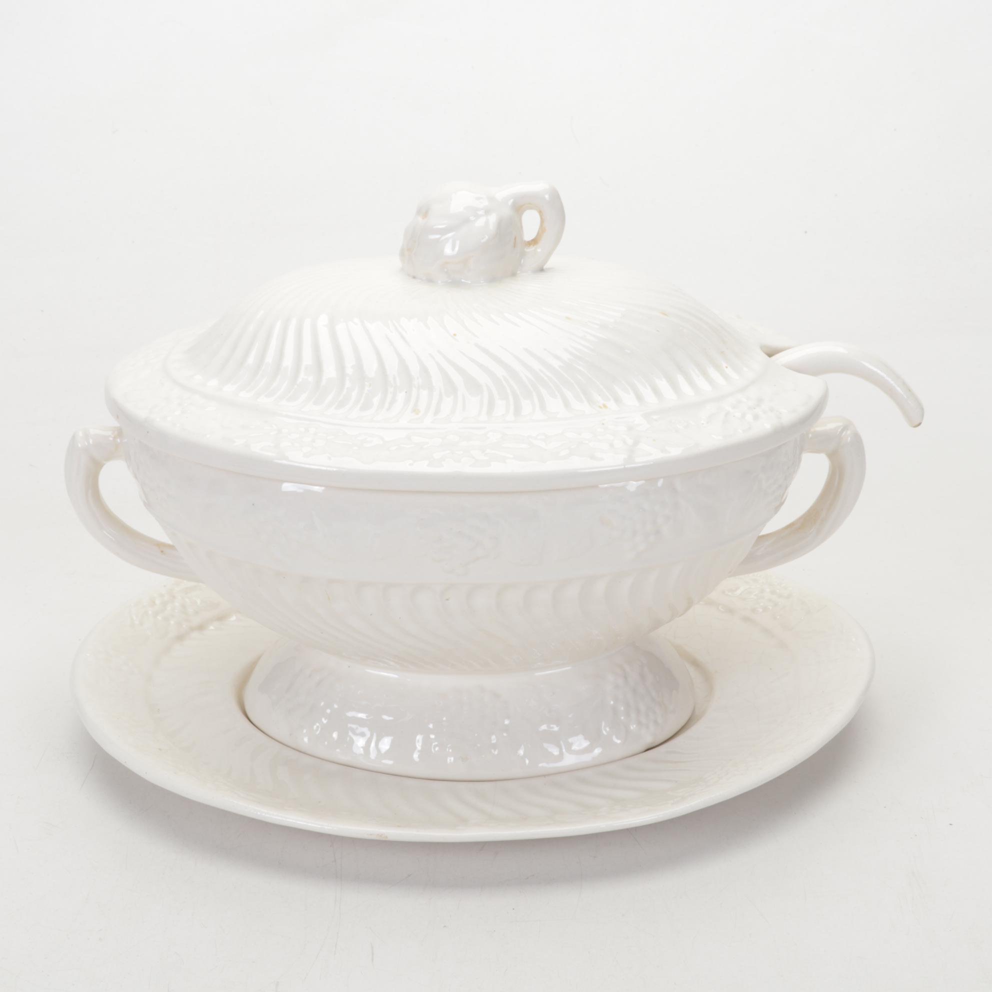White Ceramic Tureen and Underplate with Table Linens