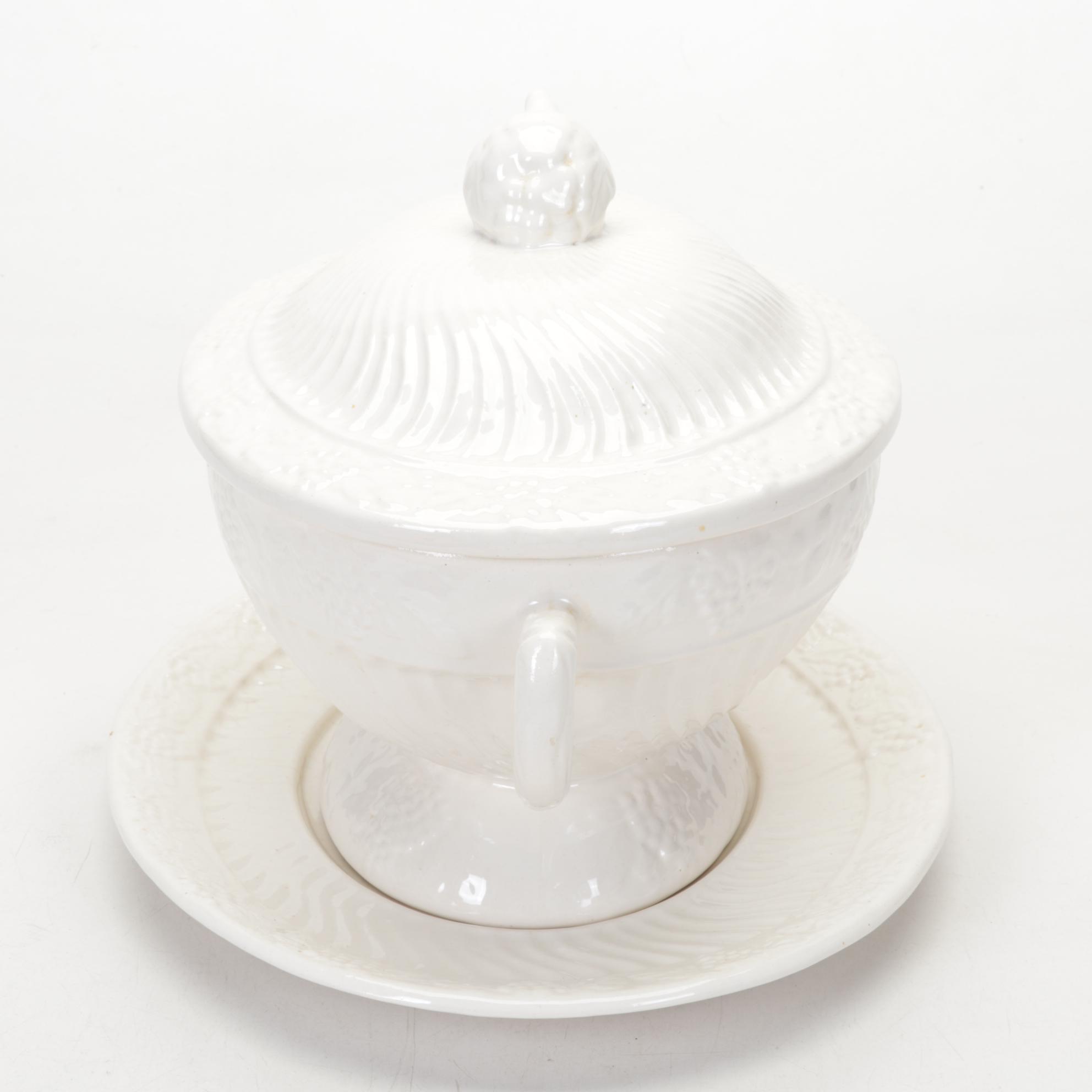 White Ceramic Tureen and Underplate with Table Linens