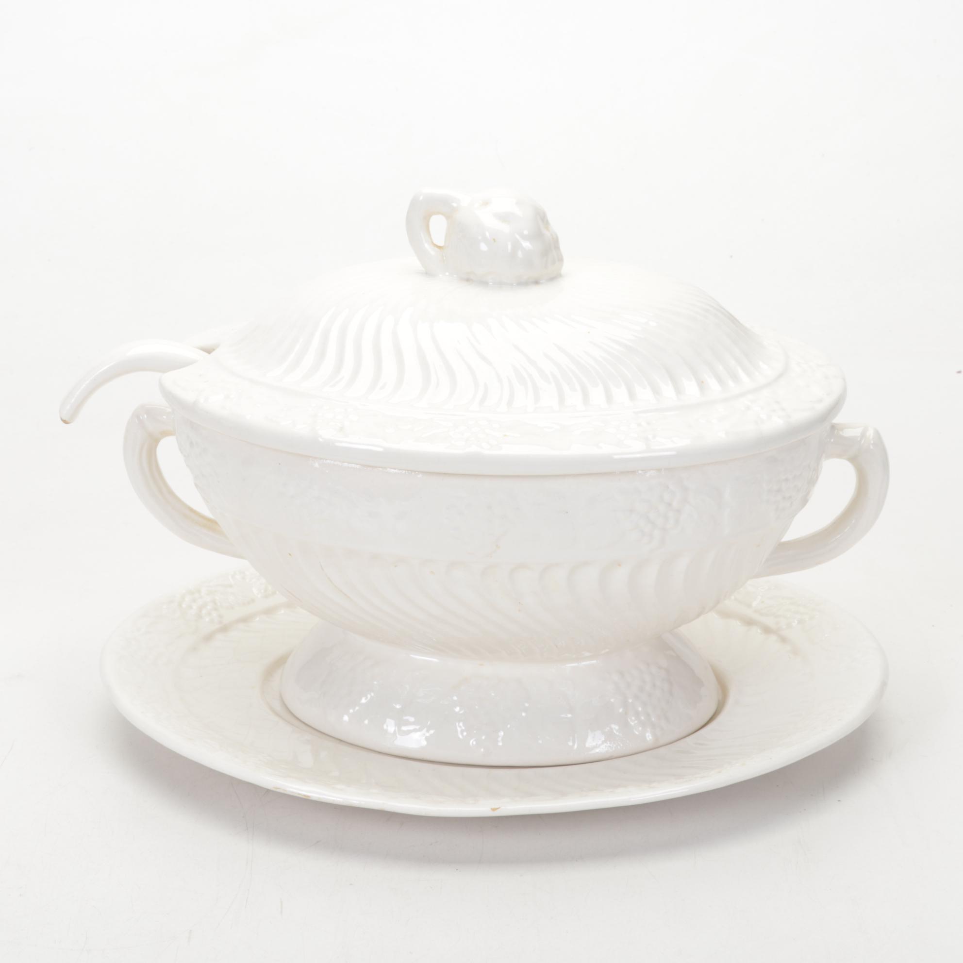 White Ceramic Tureen and Underplate with Table Linens
