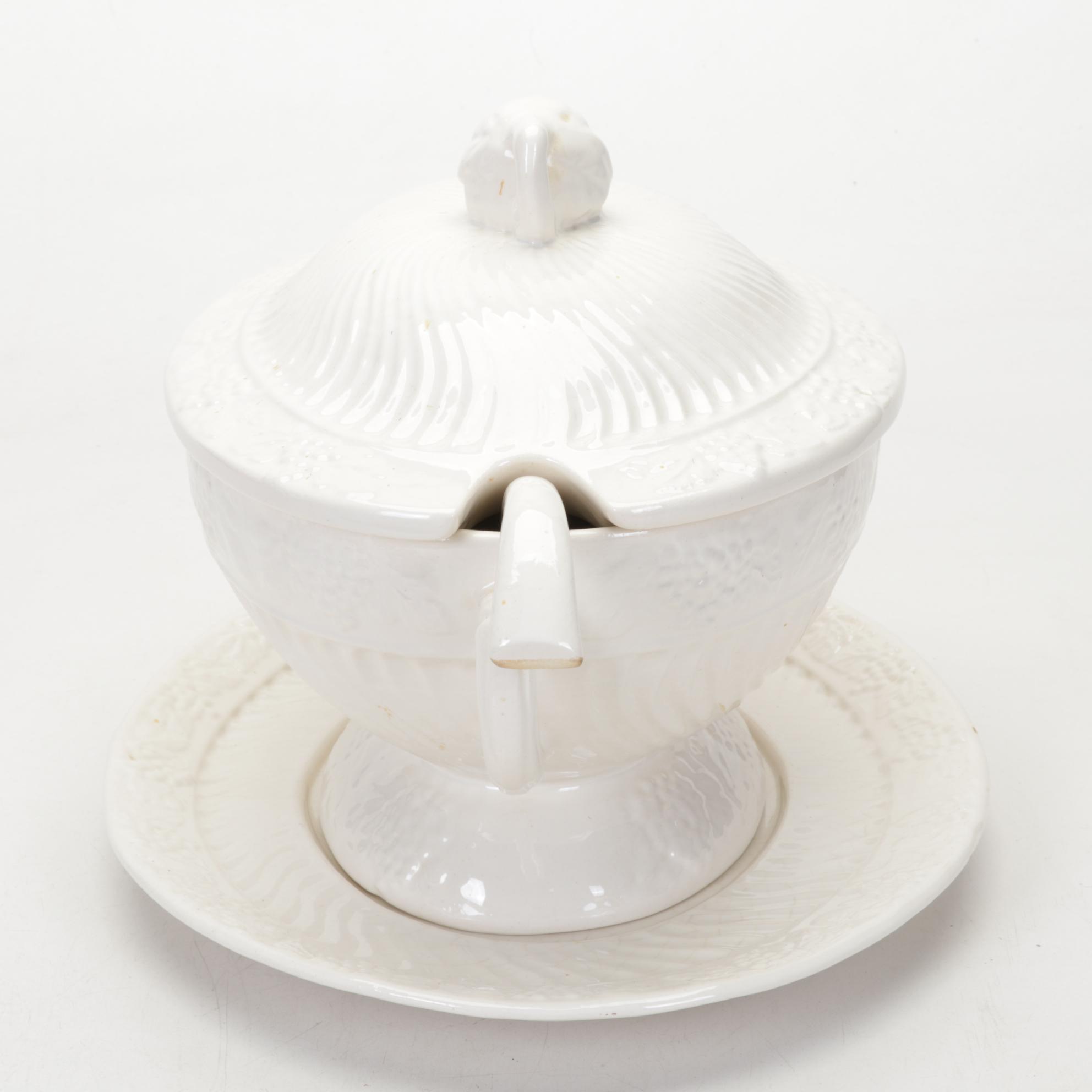 White Ceramic Tureen and Underplate with Table Linens