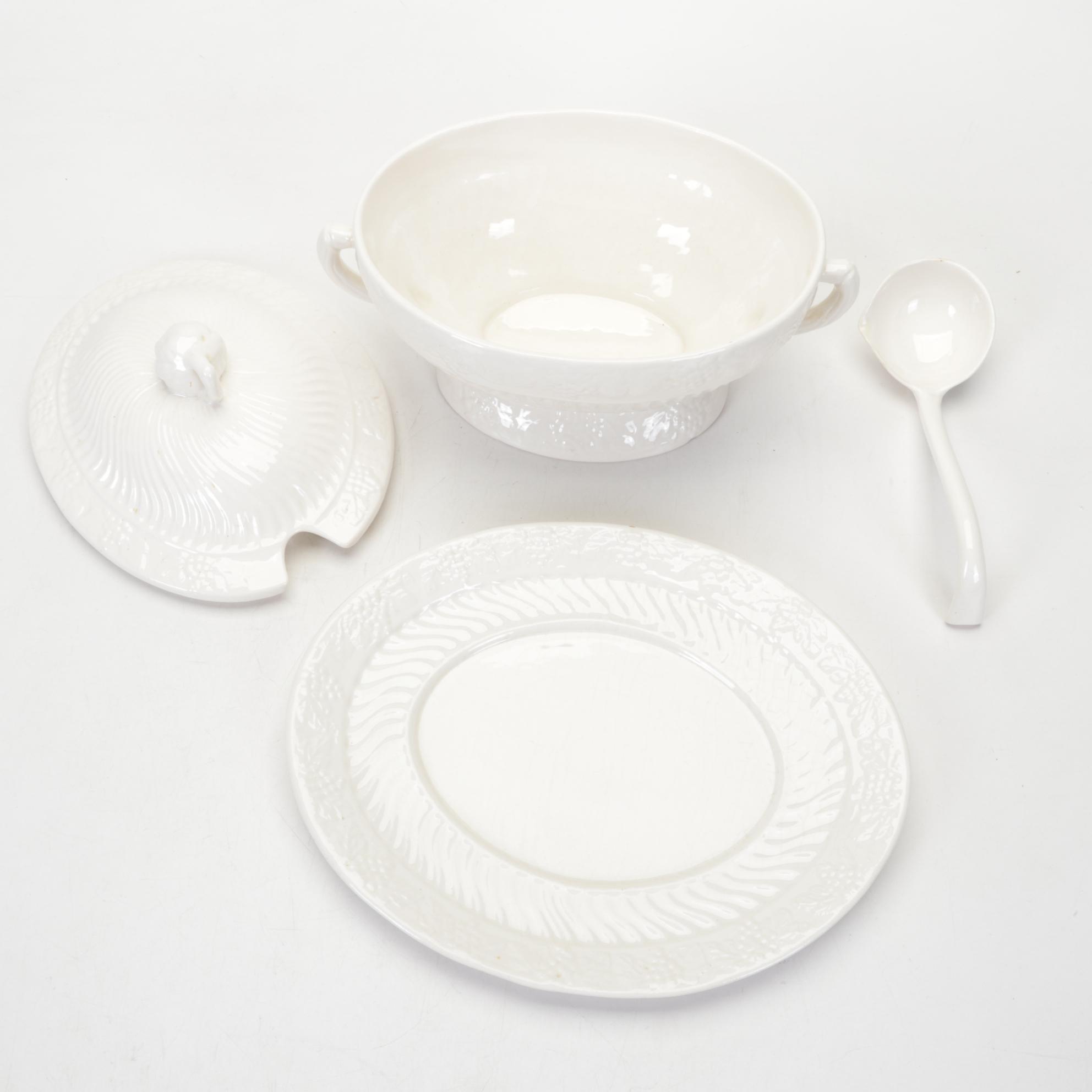 White Ceramic Tureen and Underplate with Table Linens