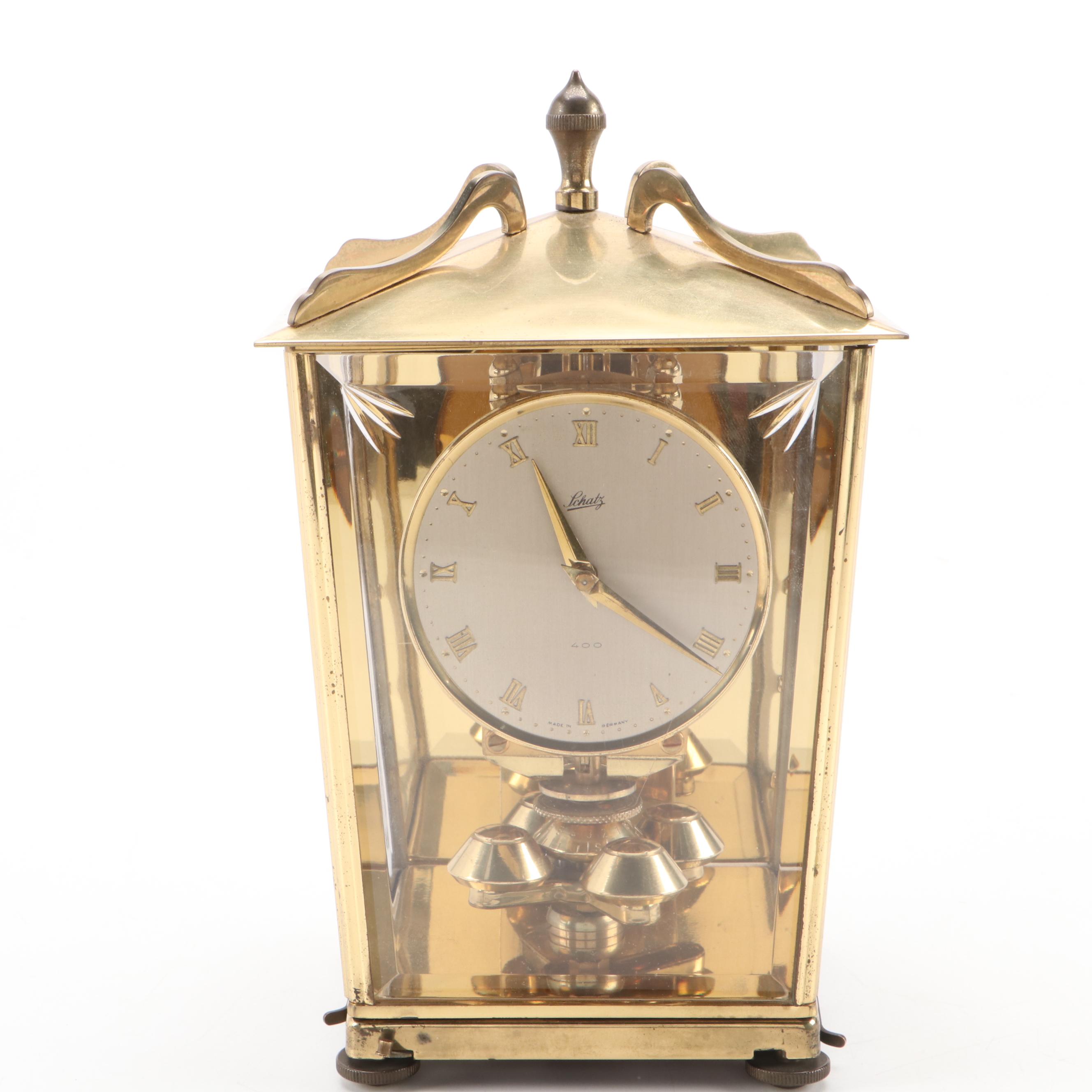 Schatz Brass 400-Day Mantel Clock and Pair of Brass Wall Candle Sconces