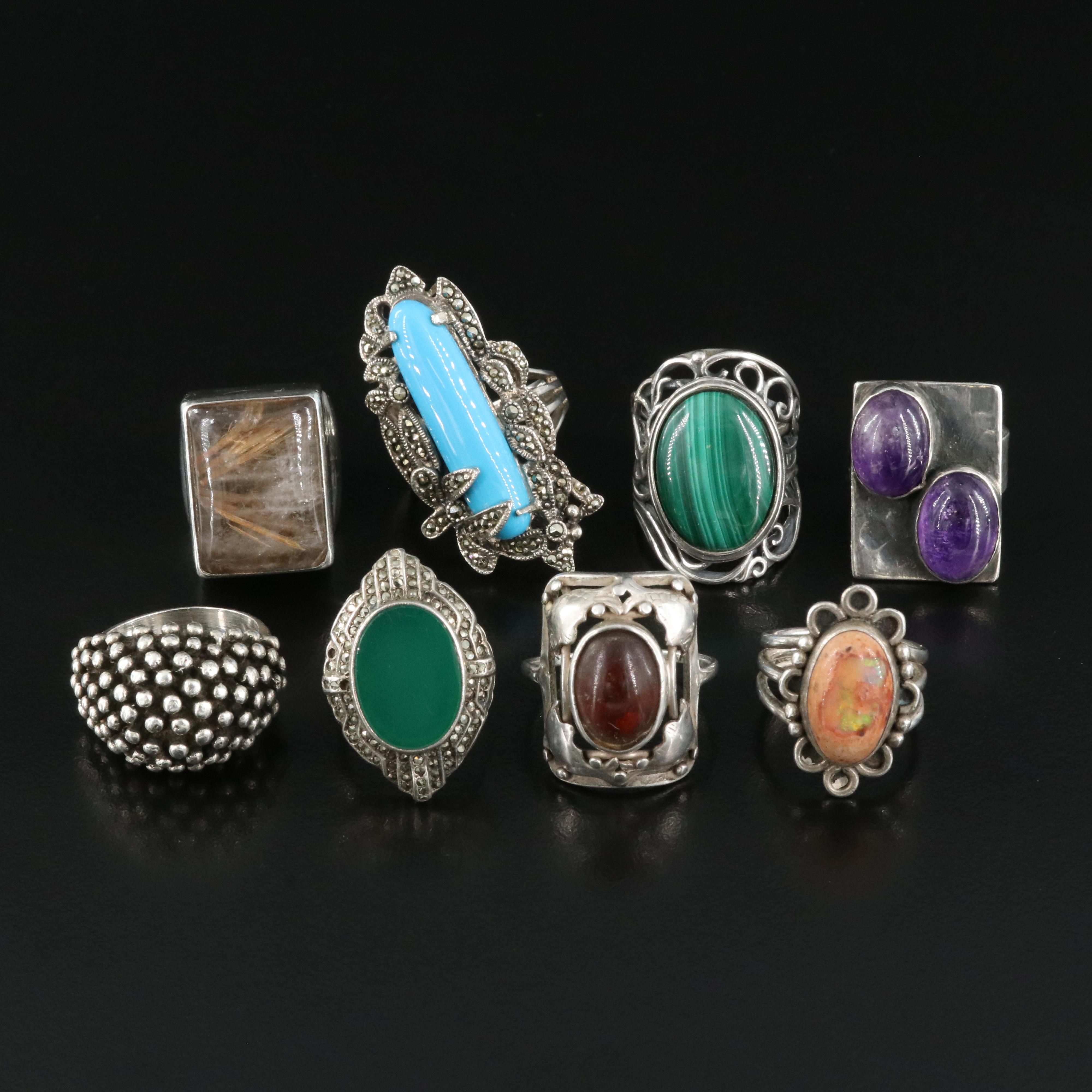 835 Silver and Sterling Rings Including Chalcedony, Marcasite and Malachite