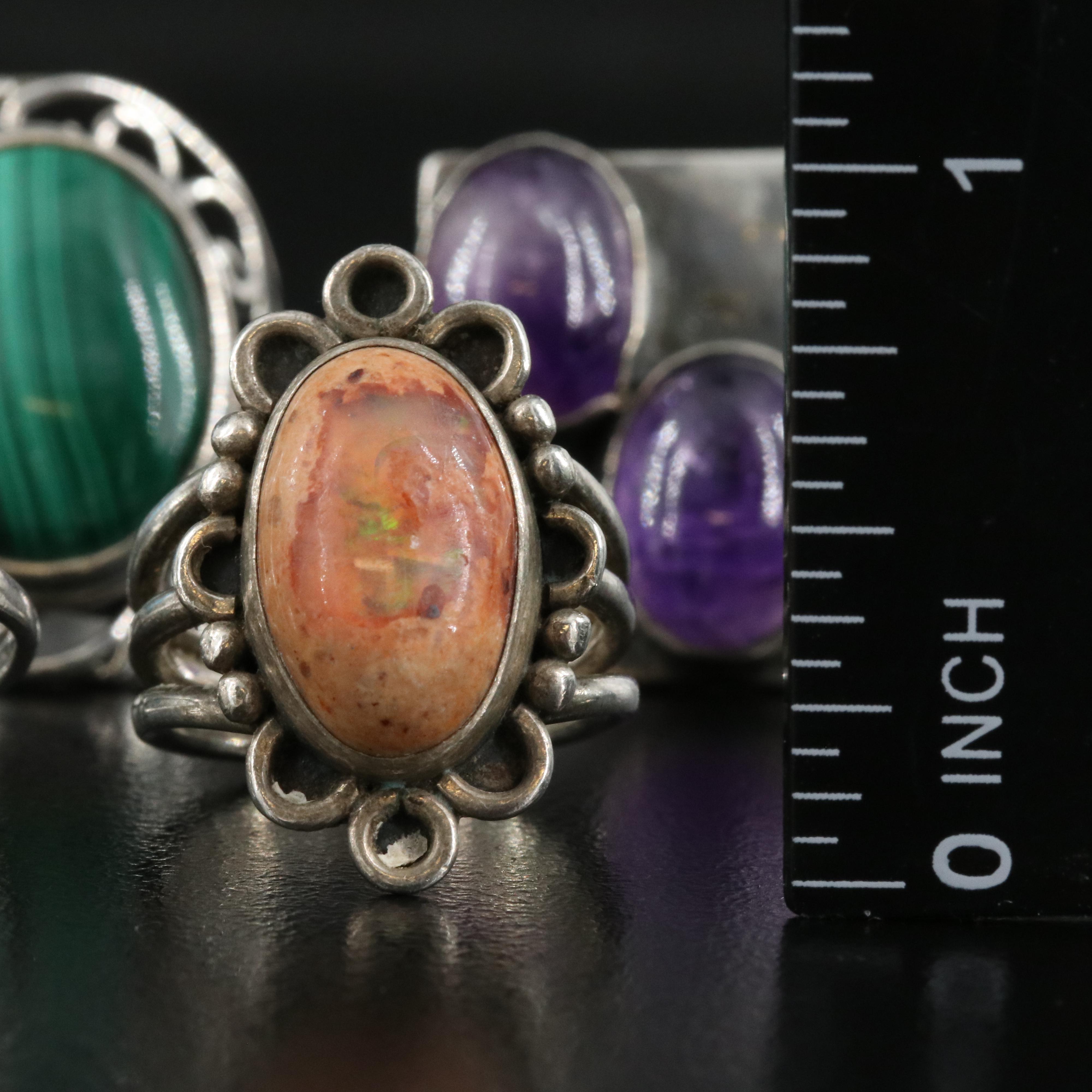 835 Silver and Sterling Rings Including Chalcedony, Marcasite and Malachite