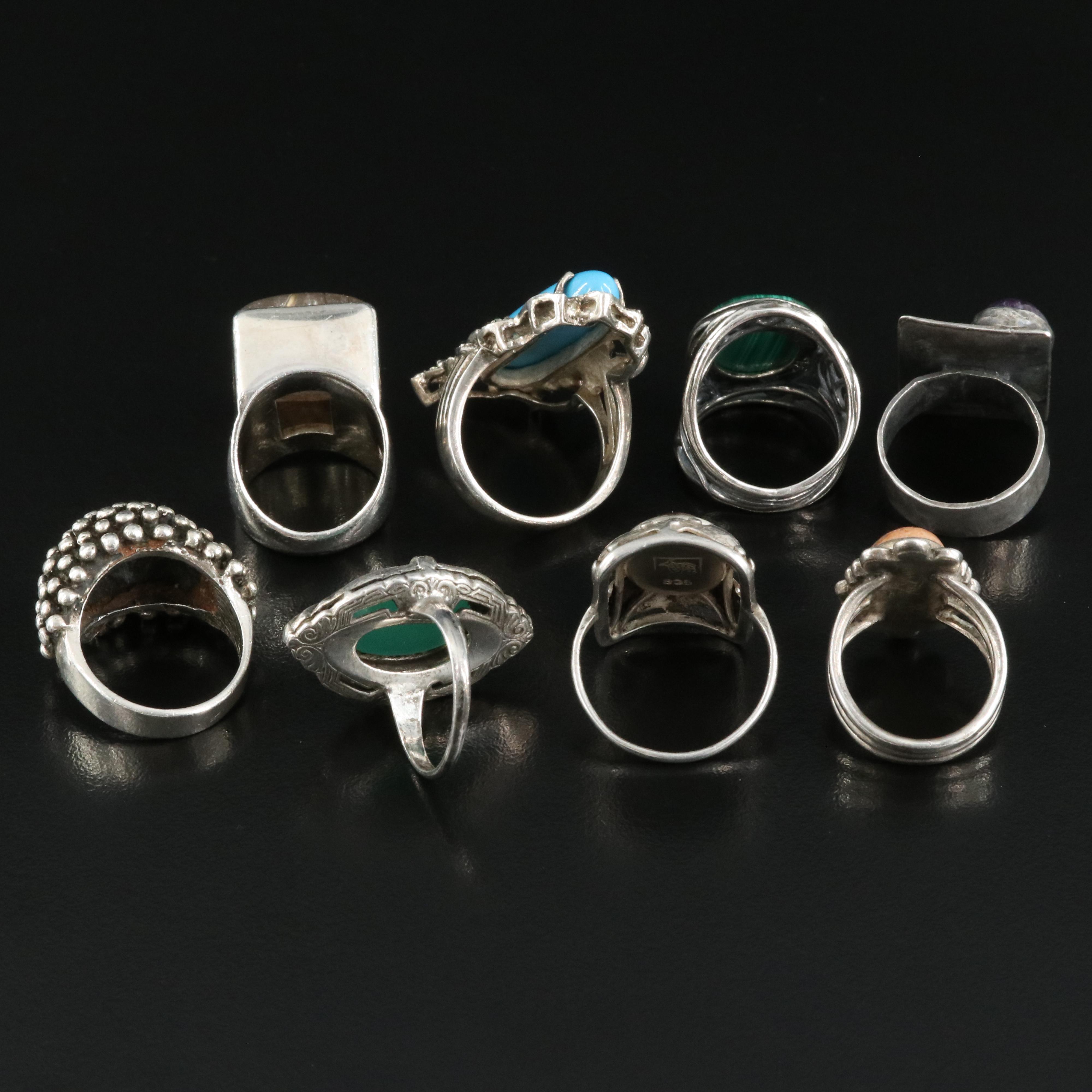 835 Silver and Sterling Rings Including Chalcedony, Marcasite and Malachite